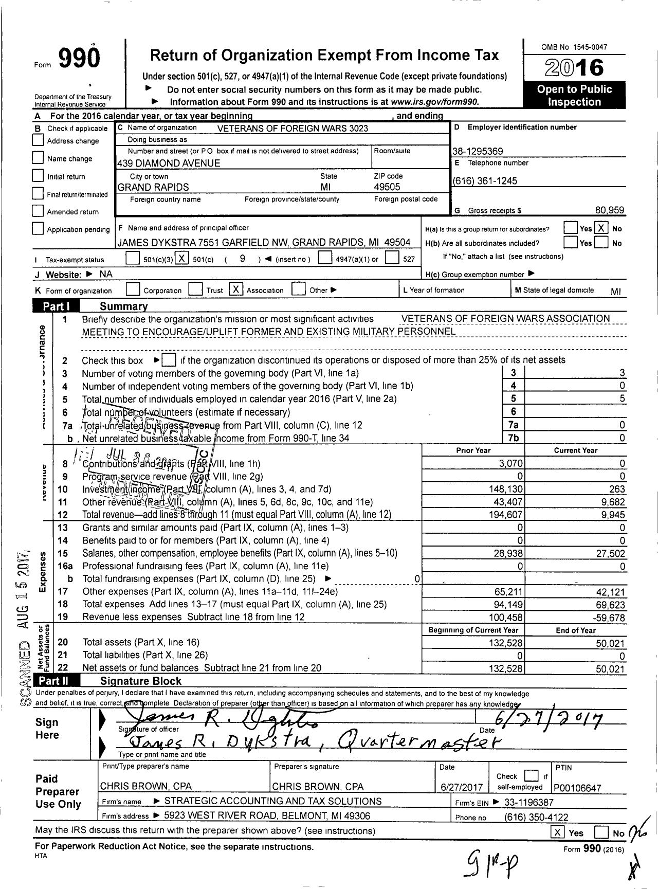 Image of first page of 2016 Form 990O for Veterans of Foreign Wars of the Us Dept of Auxiliary - 3023 Auxiliary Creston Memorial VFW