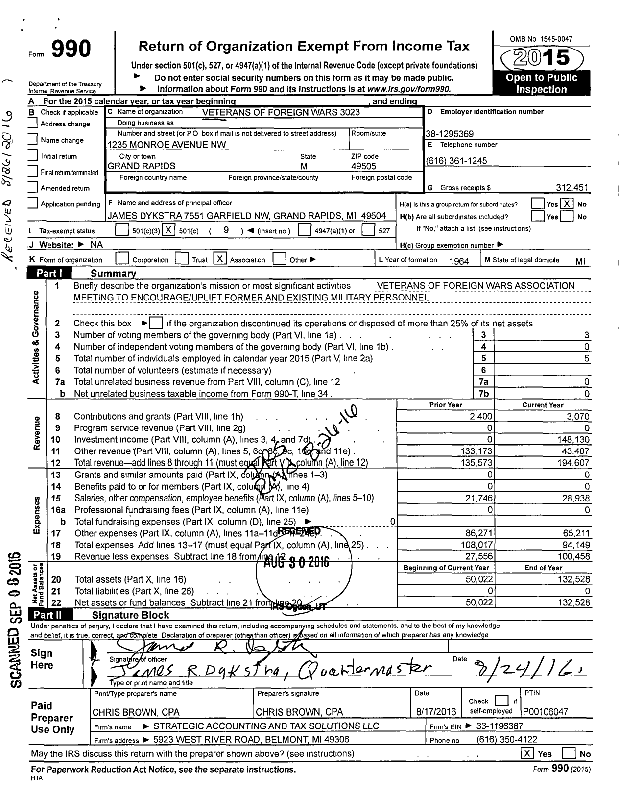 Image of first page of 2015 Form 990O for Veterans of Foreign Wars of the Us Dept of Auxiliary - 3023 Auxiliary Creston Memorial VFW