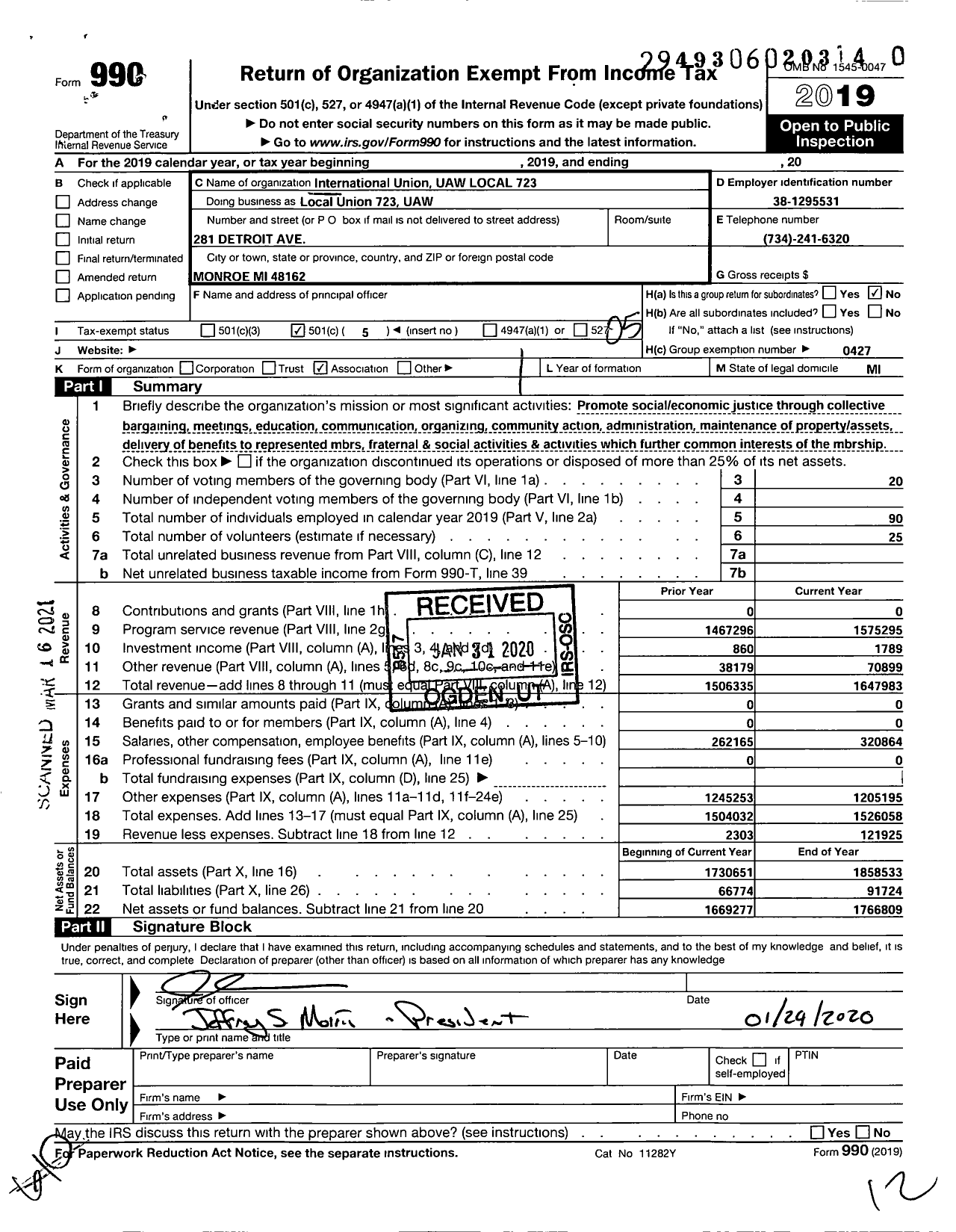 Image of first page of 2019 Form 990O for International Union UAW Local 723