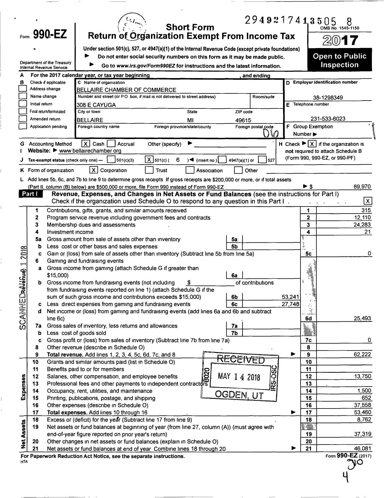 Image of first page of 2017 Form 990EO for Bellaire Chamber of Commerce