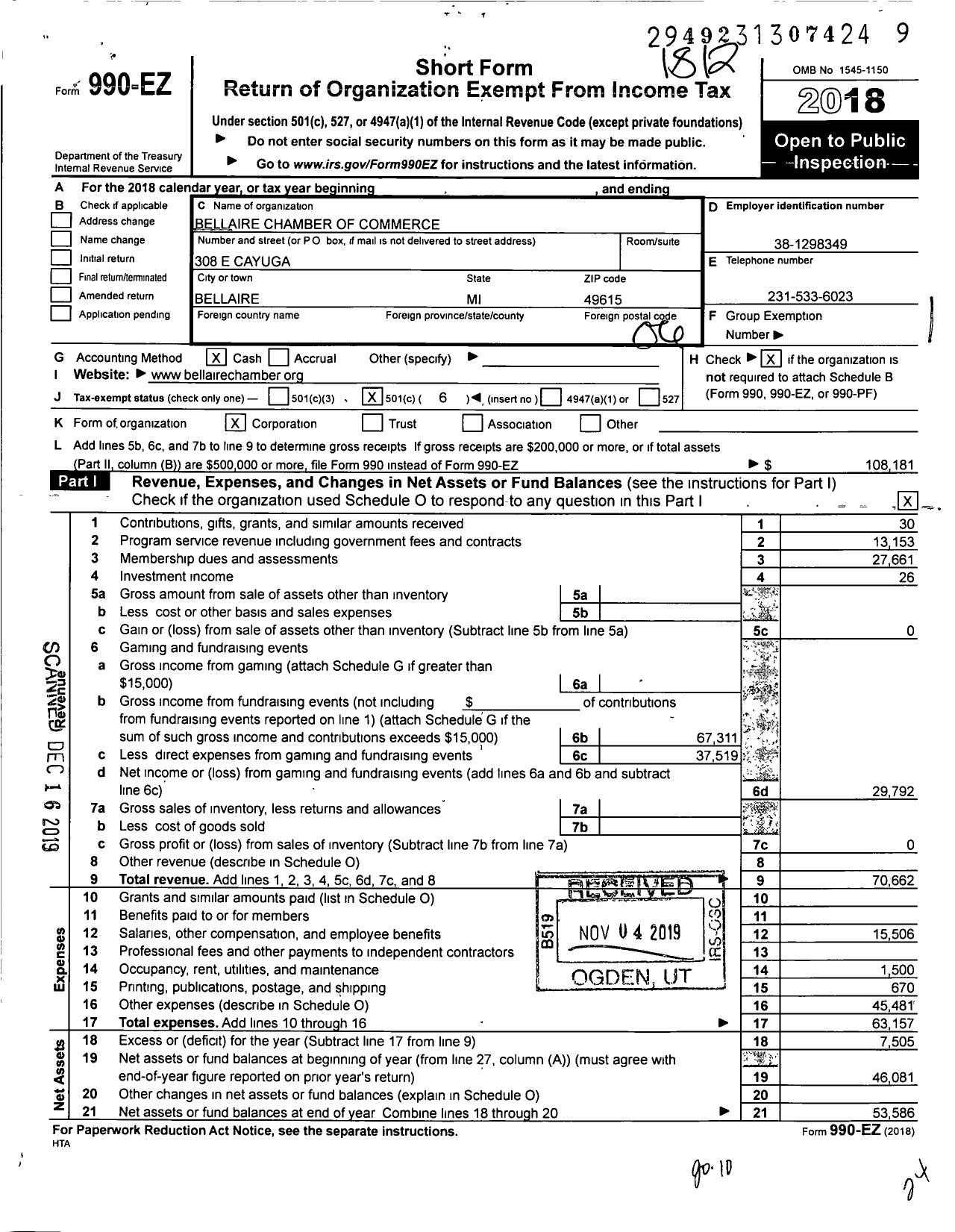 Image of first page of 2018 Form 990EO for Bellaire Chamber of Commerce