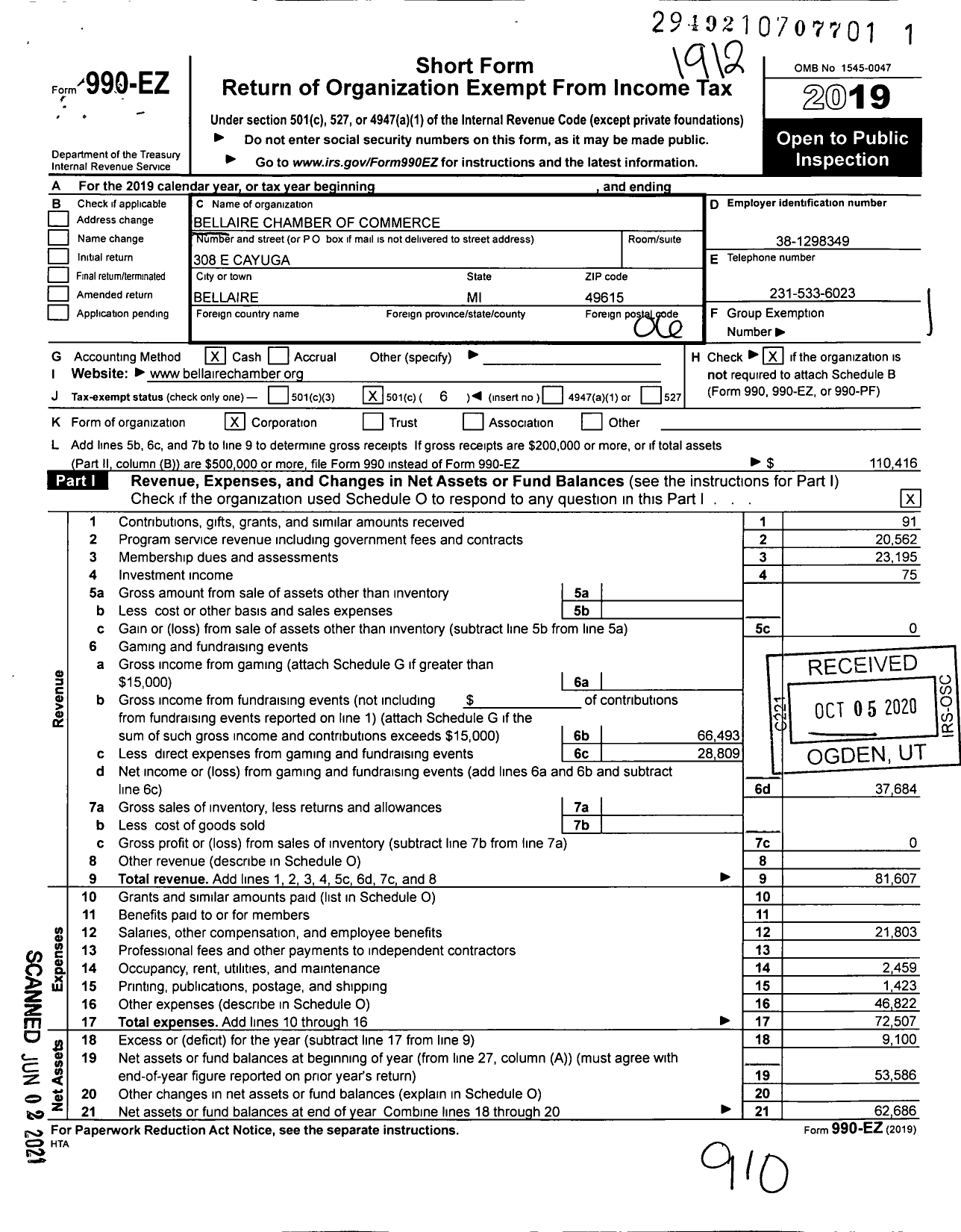 Image of first page of 2019 Form 990EO for Bellaire Chamber of Commerce