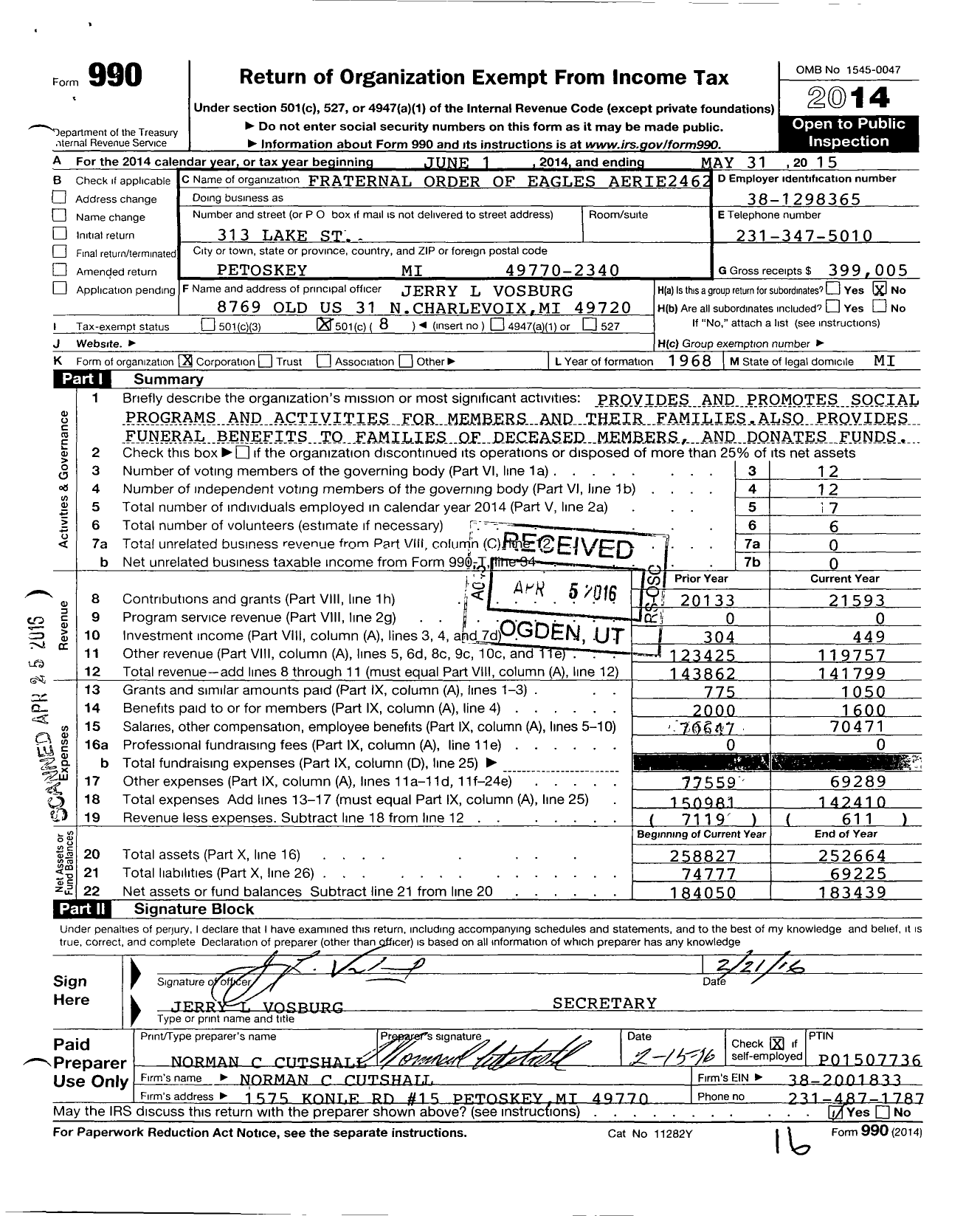 Image of first page of 2014 Form 990O for Fraternal Order of Eagles - 2462 Aerie