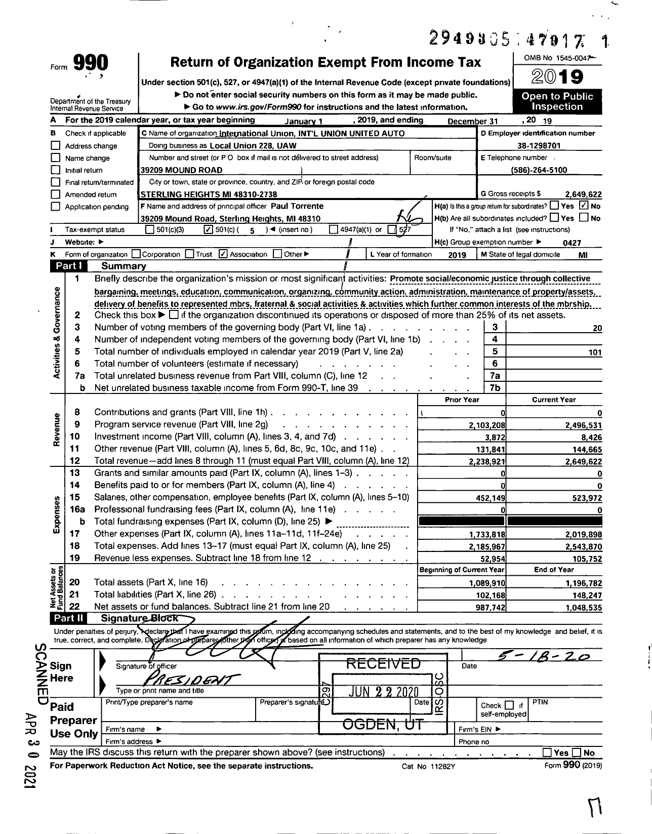 Image of first page of 2019 Form 990O for UAW - Local UNION 228 UAW