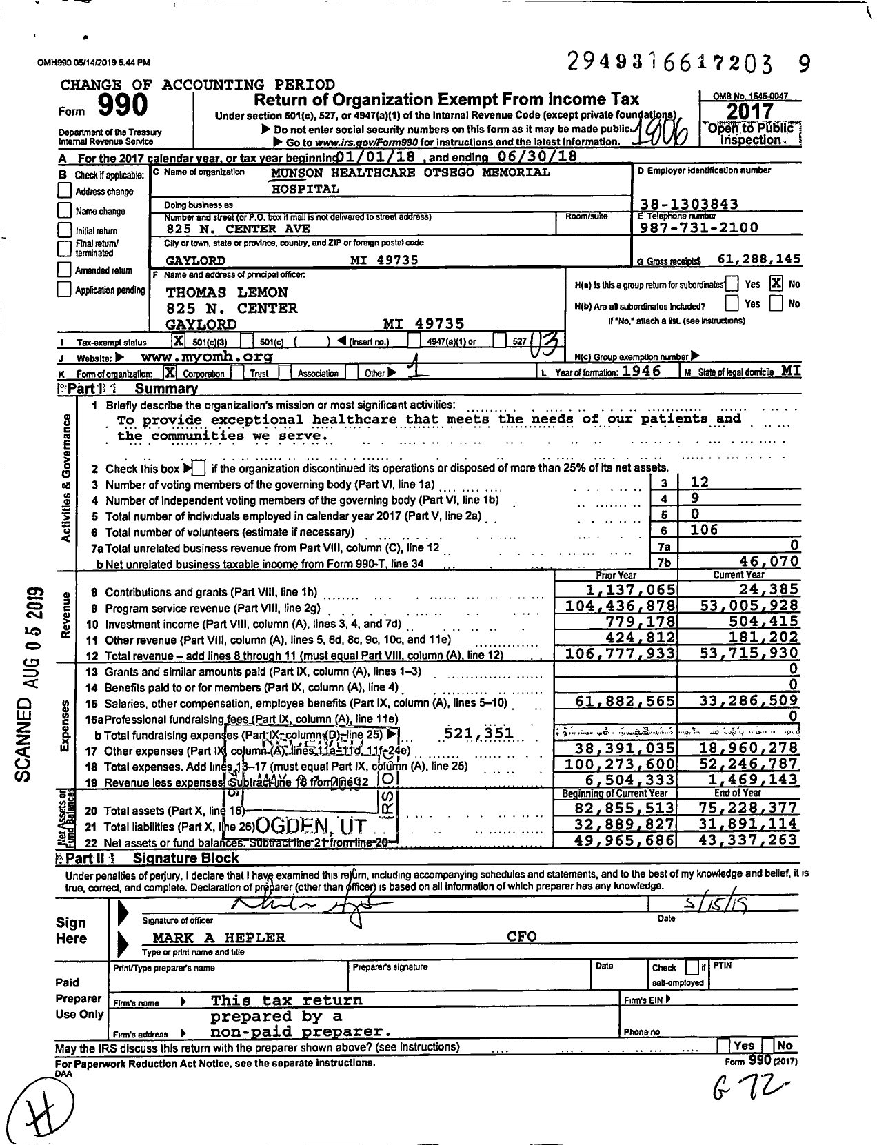 Image of first page of 2017 Form 990 for Munson Healthcare Otsego Memorial Hospital (OMH)