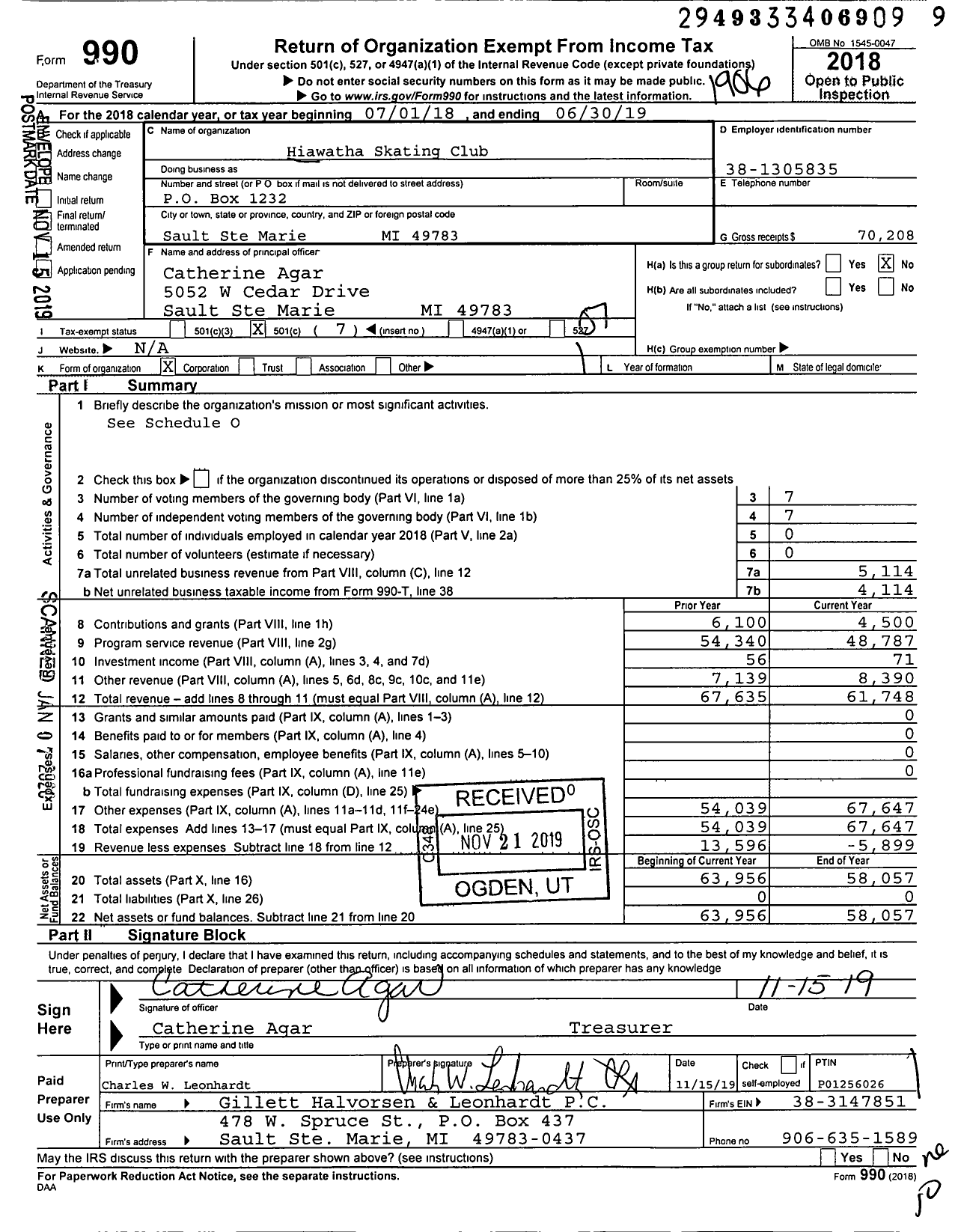 Image of first page of 2018 Form 990O for Hiawatha Skating Club