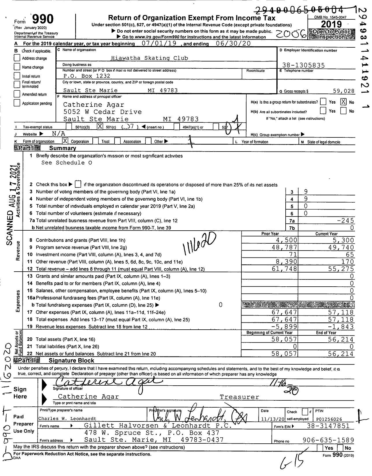 Image of first page of 2019 Form 990O for Hiawatha Skating Club