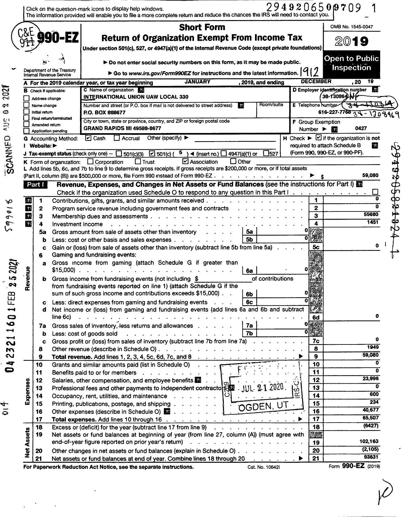 Image of first page of 2019 Form 990EO for Uaw - International Union Uaw Local 330