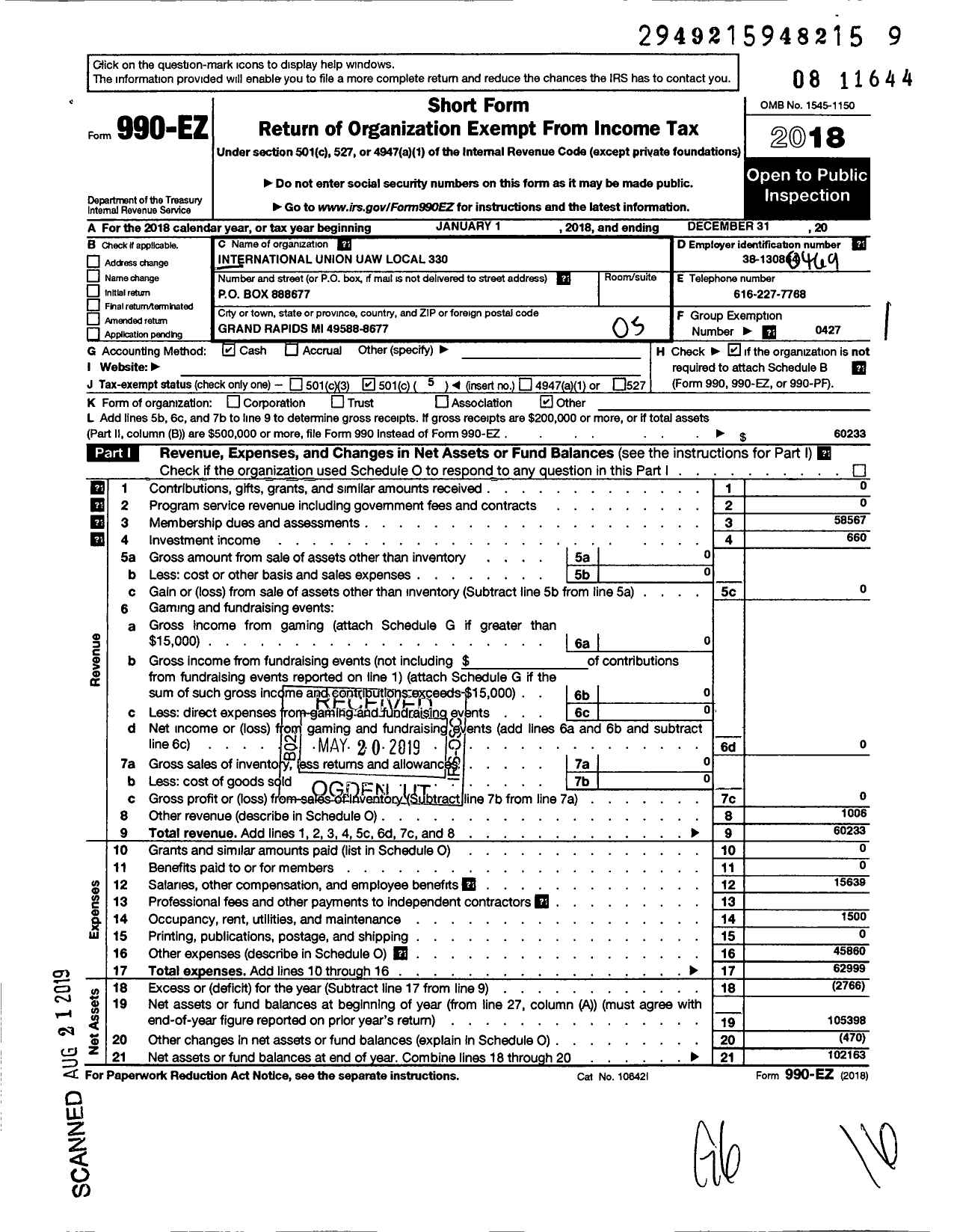 Image of first page of 2018 Form 990EO for Uaw - International Union Uaw Local 330