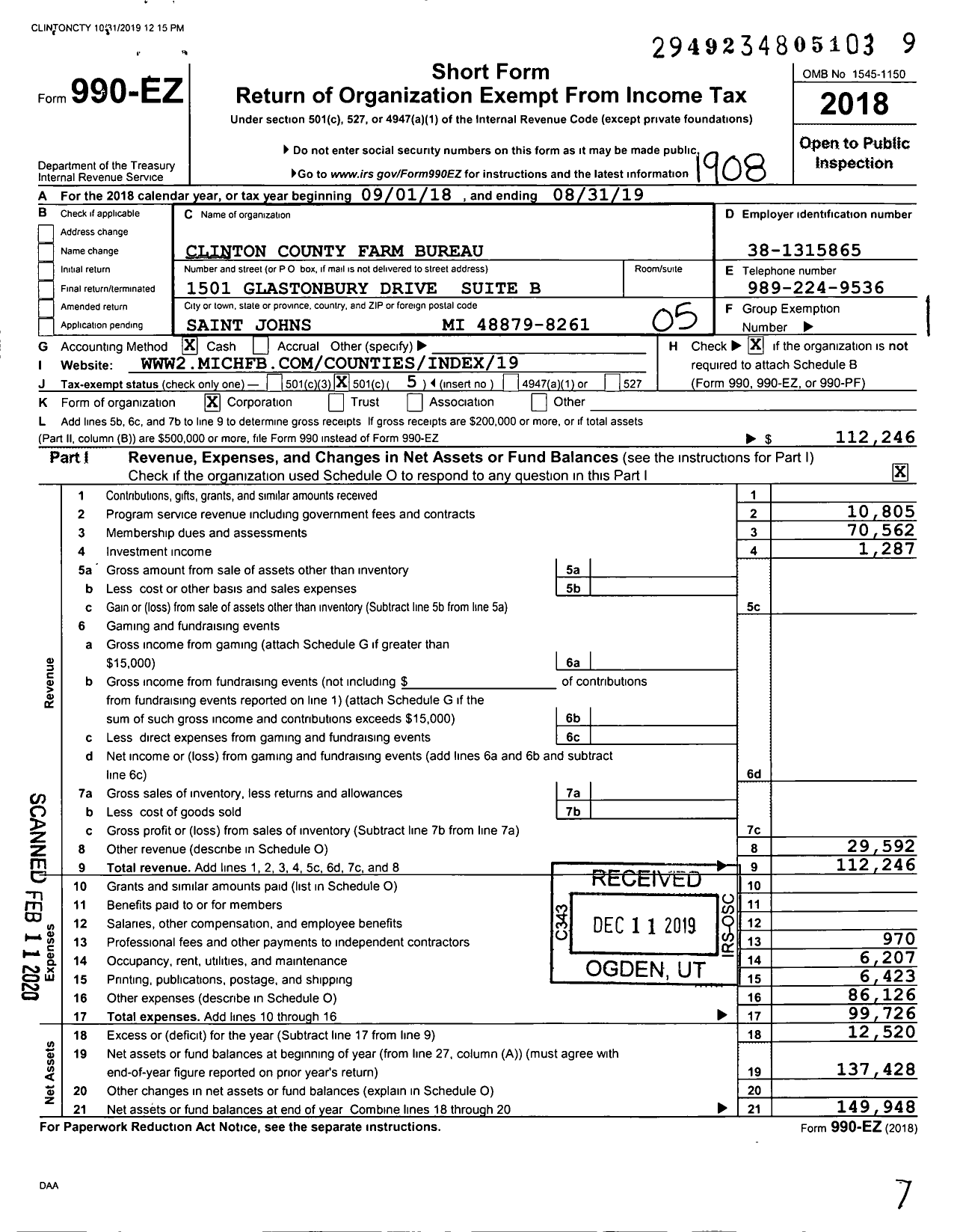 Image of first page of 2018 Form 990EO for Clinton County Farm Bureau