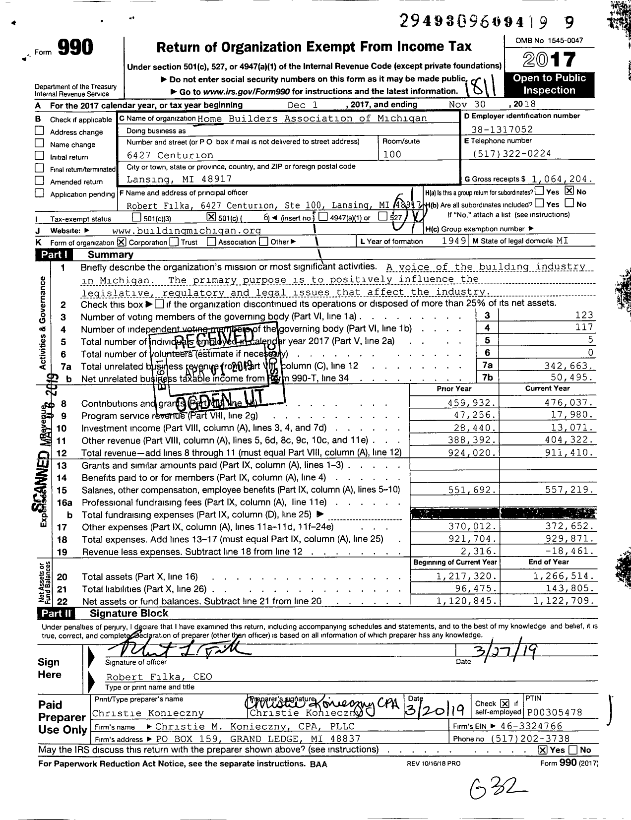 Image of first page of 2017 Form 990O for Home Builders Association of Michigan