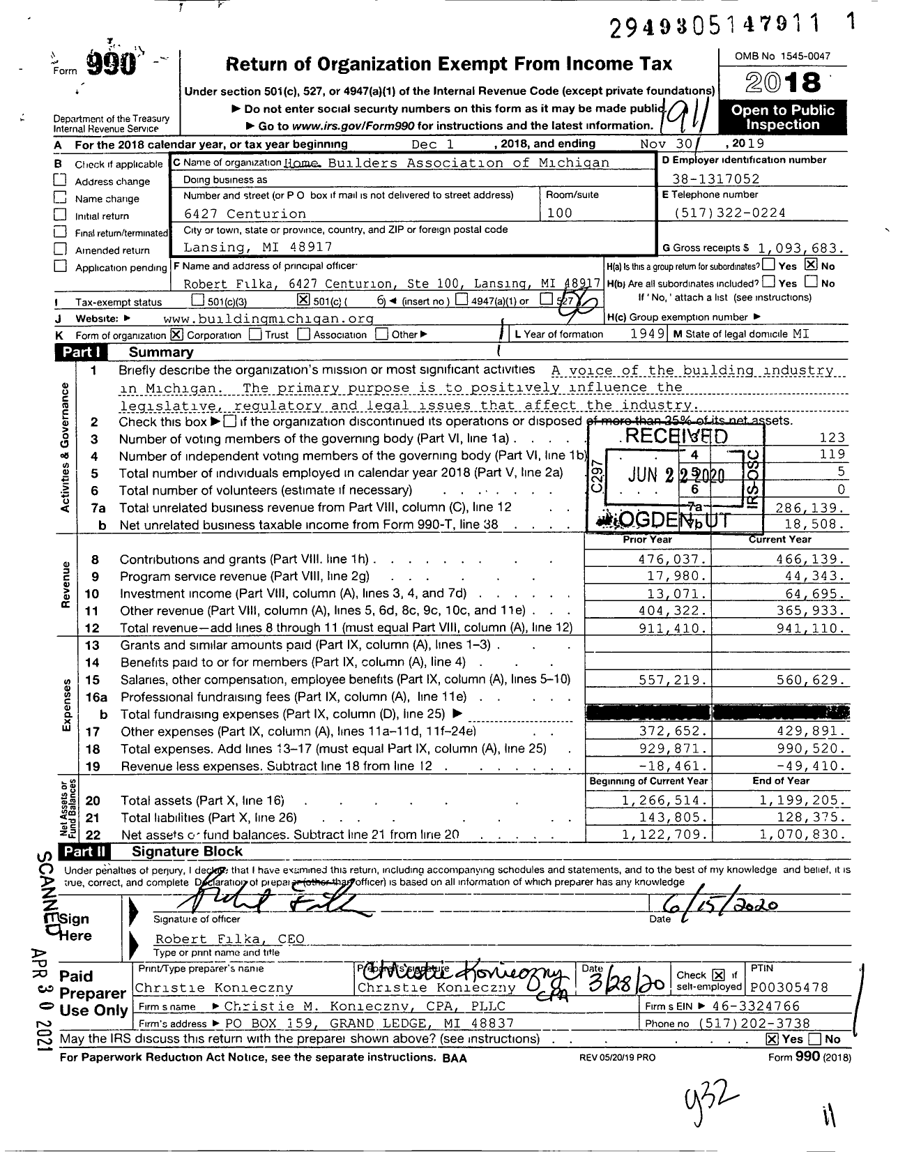 Image of first page of 2018 Form 990O for Home Builders Association of Michigan