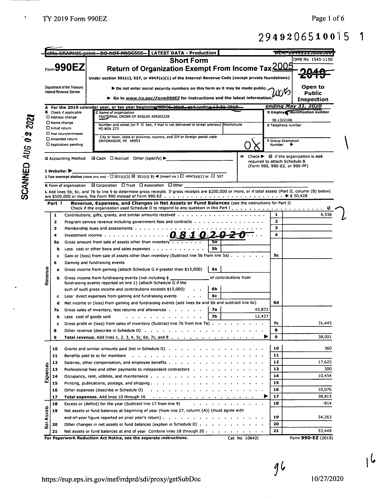 Image of first page of 2019 Form 990EO for Fraternal Order of Eagles - 2239 Aerie