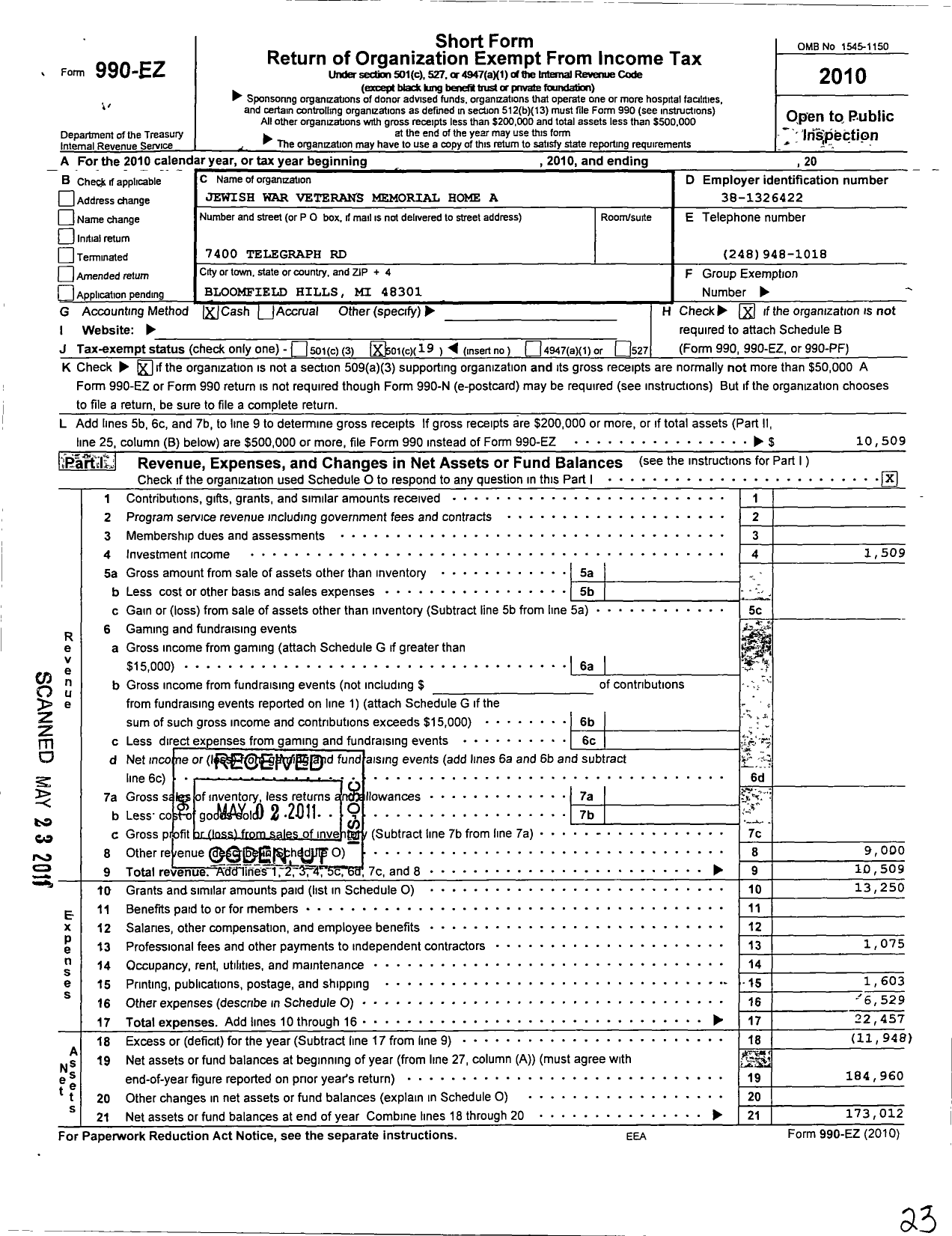 Image of first page of 2010 Form 990EO for Jewish War Veterans of the United States of America - 529 Auxiliary LT Roy F Green Post