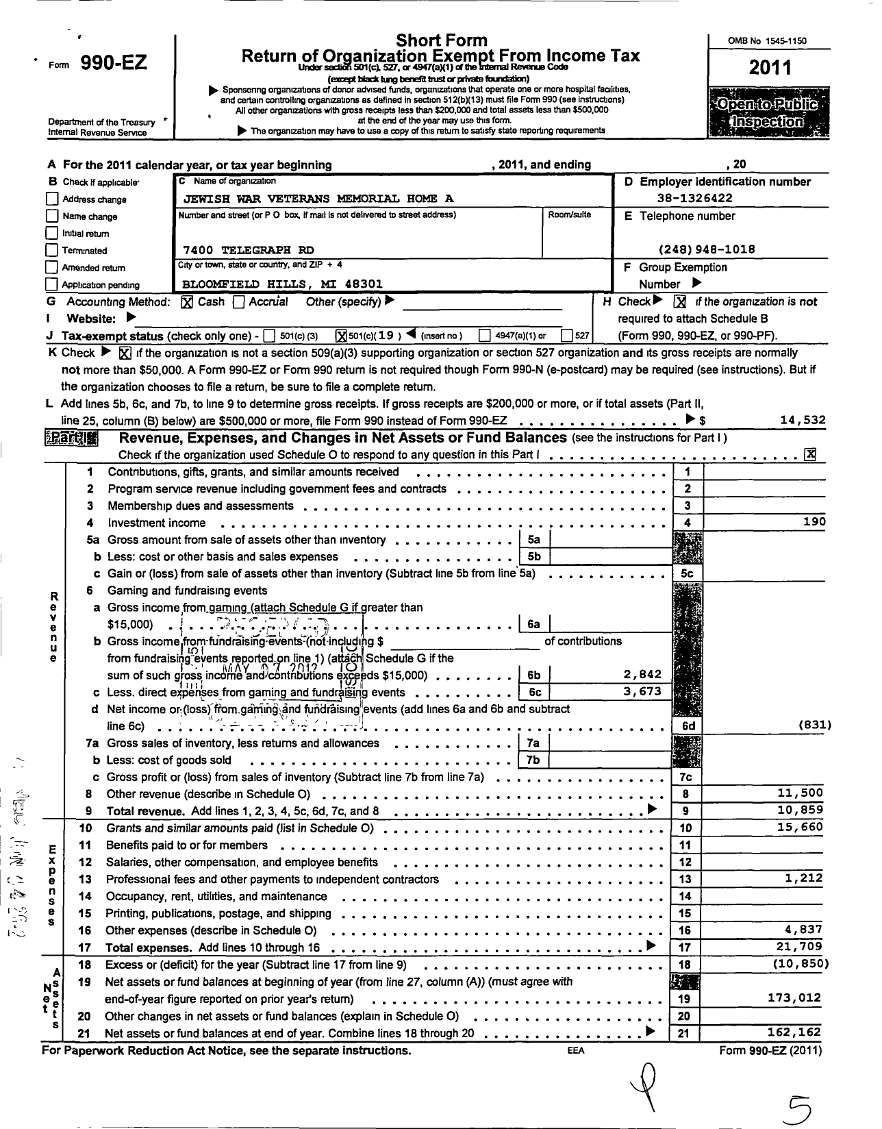 Image of first page of 2011 Form 990EO for Jewish War Veterans of the United States of America - 529 Auxiliary LT Roy F Green Post