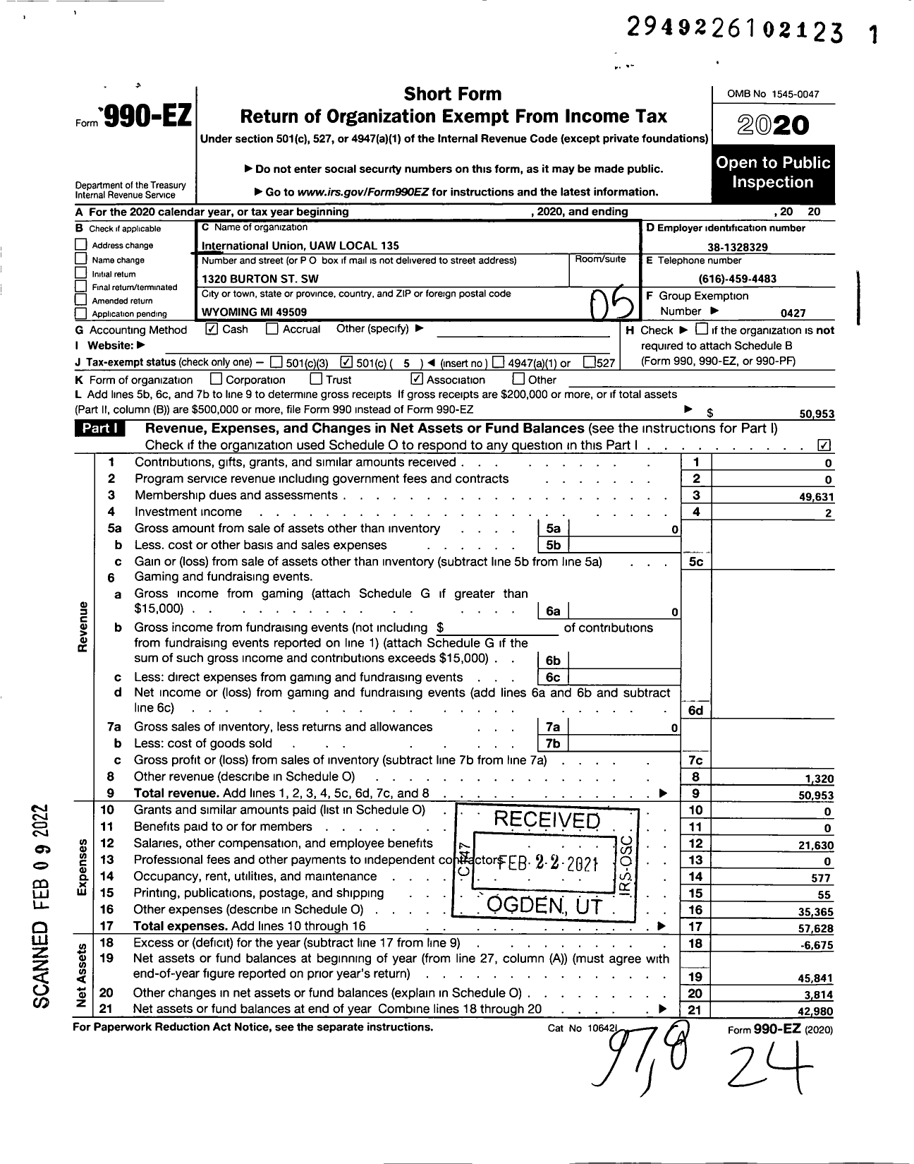 Image of first page of 2020 Form 990EO for Uaw - 135 Uaw Local (135 Uaw Local)