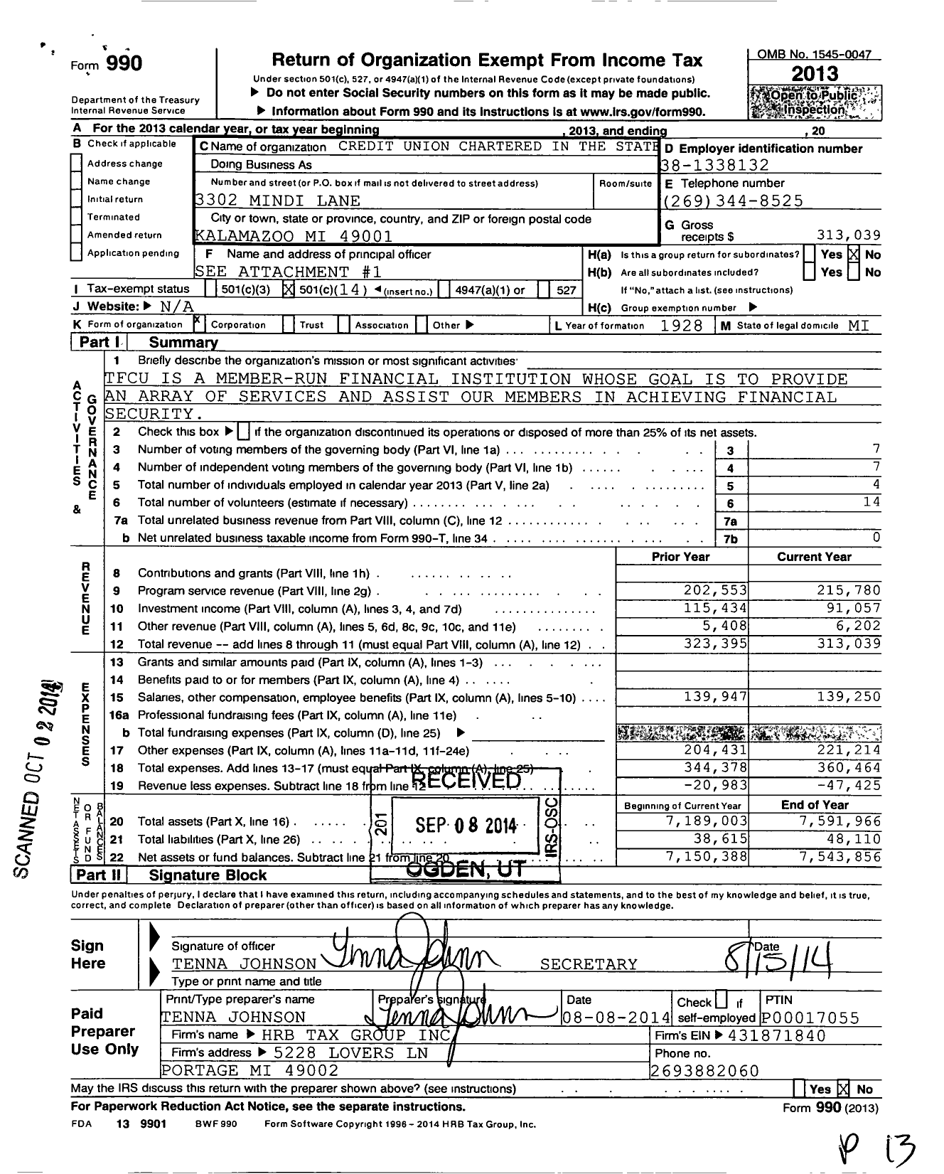 Image of first page of 2013 Form 990O for Tower Family Credit Union