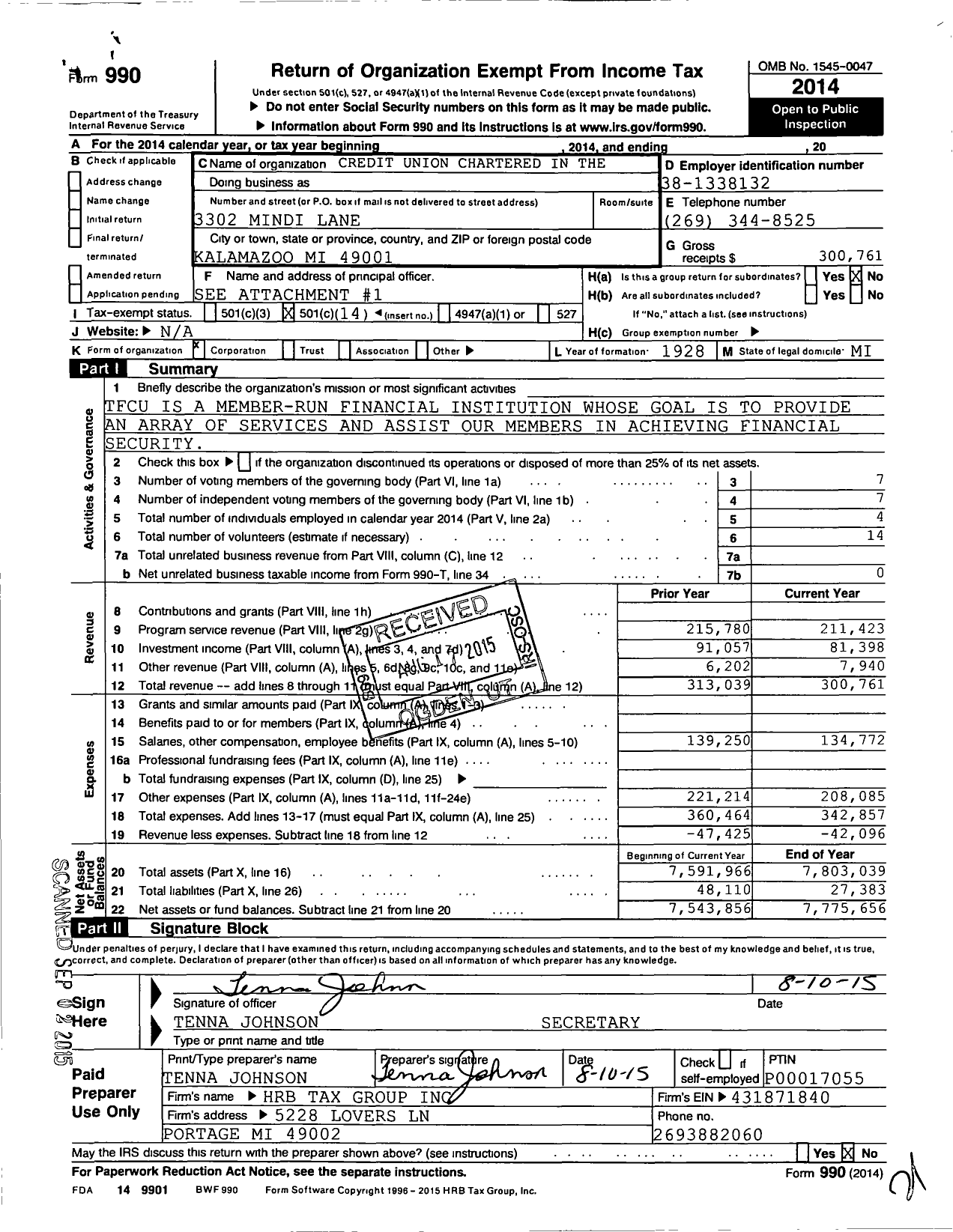 Image of first page of 2014 Form 990O for Tower Family Credit Union