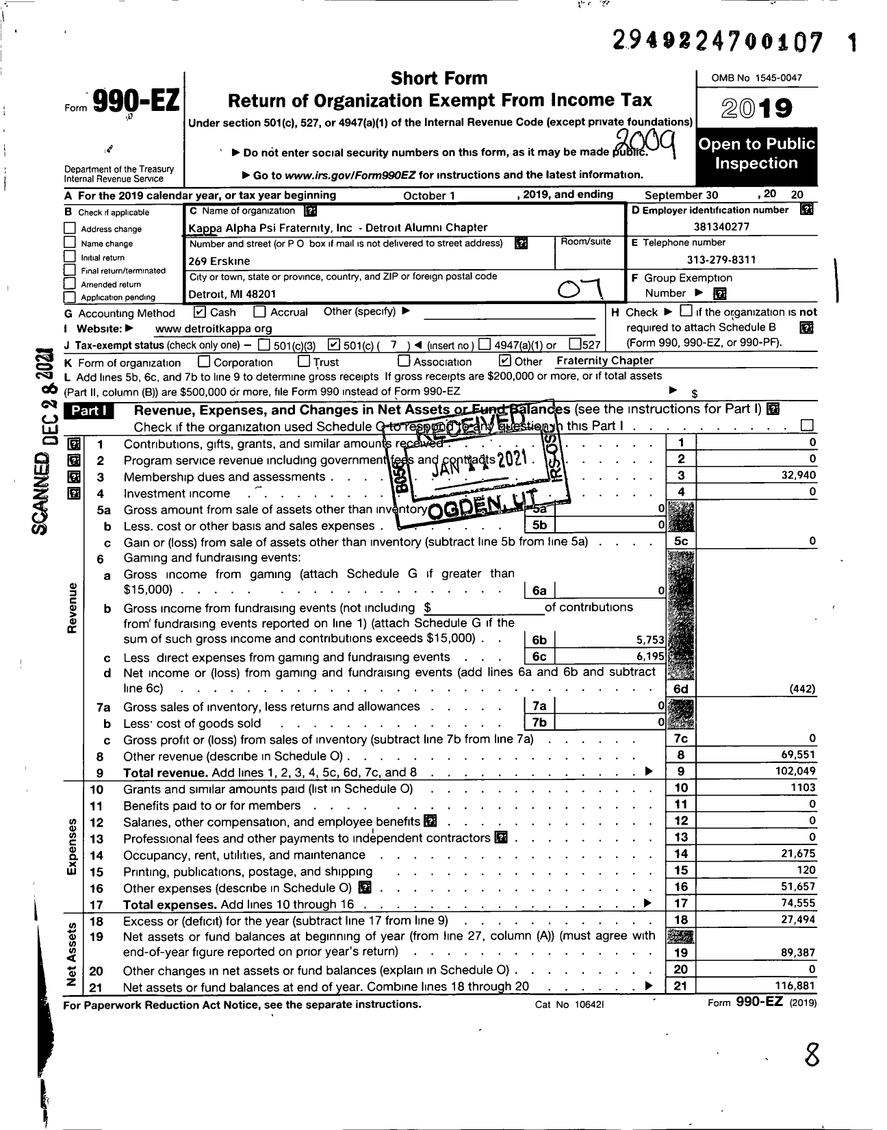 Image of first page of 2019 Form 990EO for Detroit Alumni Chapter of Kappa Alpha Psi Fraternity