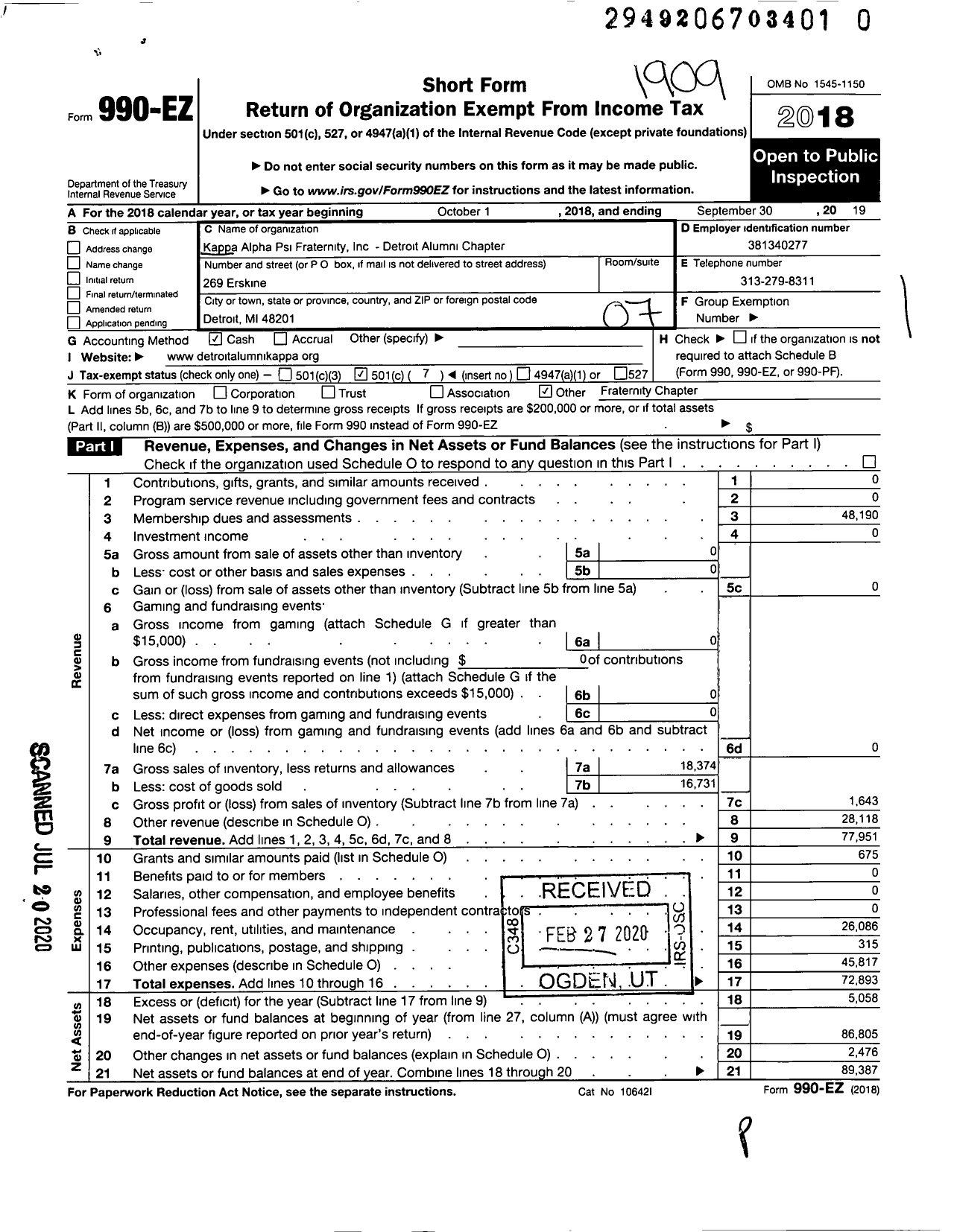 Image of first page of 2018 Form 990EO for Detroit Alumni Chapter of Kappa Alpha Psi Fraternity