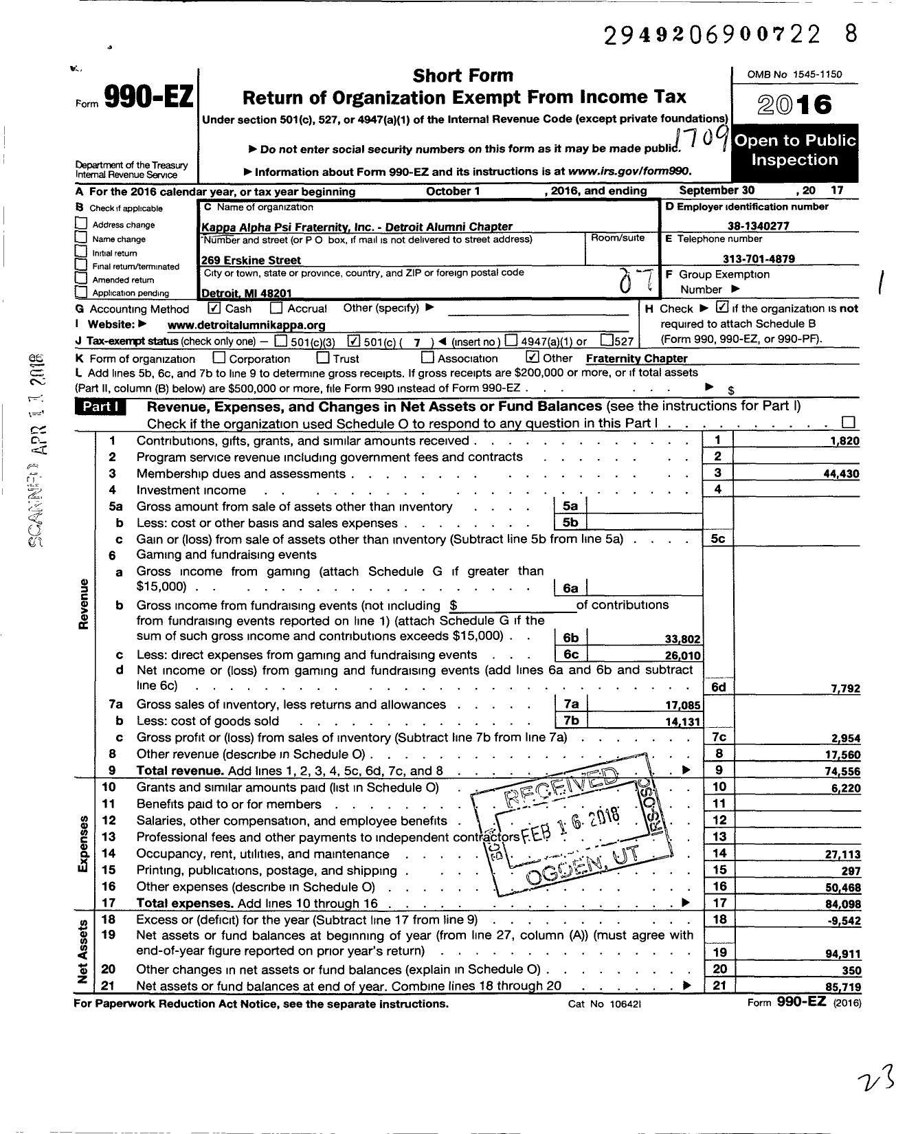 Image of first page of 2016 Form 990EO for Detroit Alumni Chapter of Kappa Alpha Psi Fraternity