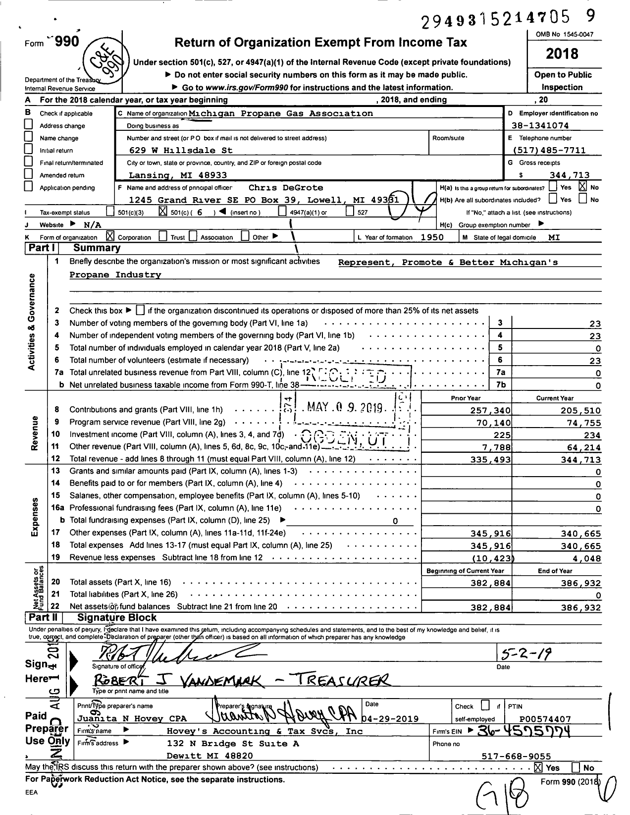 Image of first page of 2018 Form 990O for Michigan Propane Gas Association