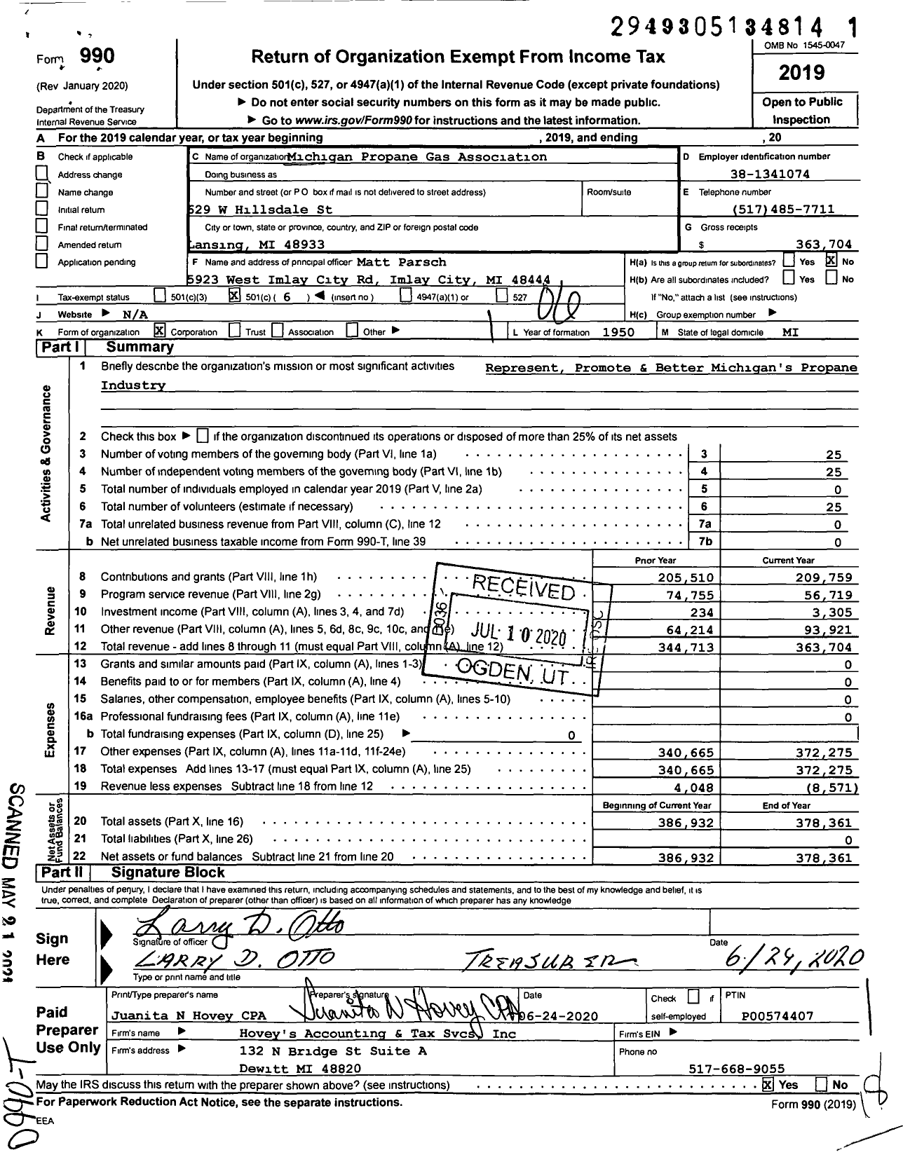 Image of first page of 2019 Form 990O for Michigan Propane Gas Association