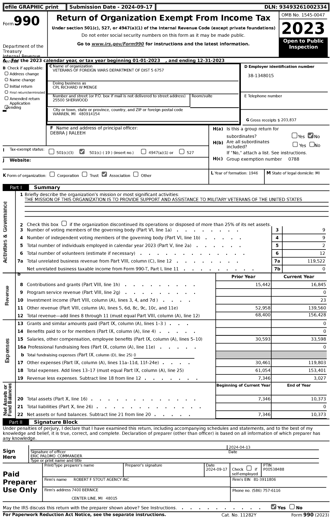 Image of first page of 2023 Form 990 for VFW Department of Michigan - CPL Richard W Menge