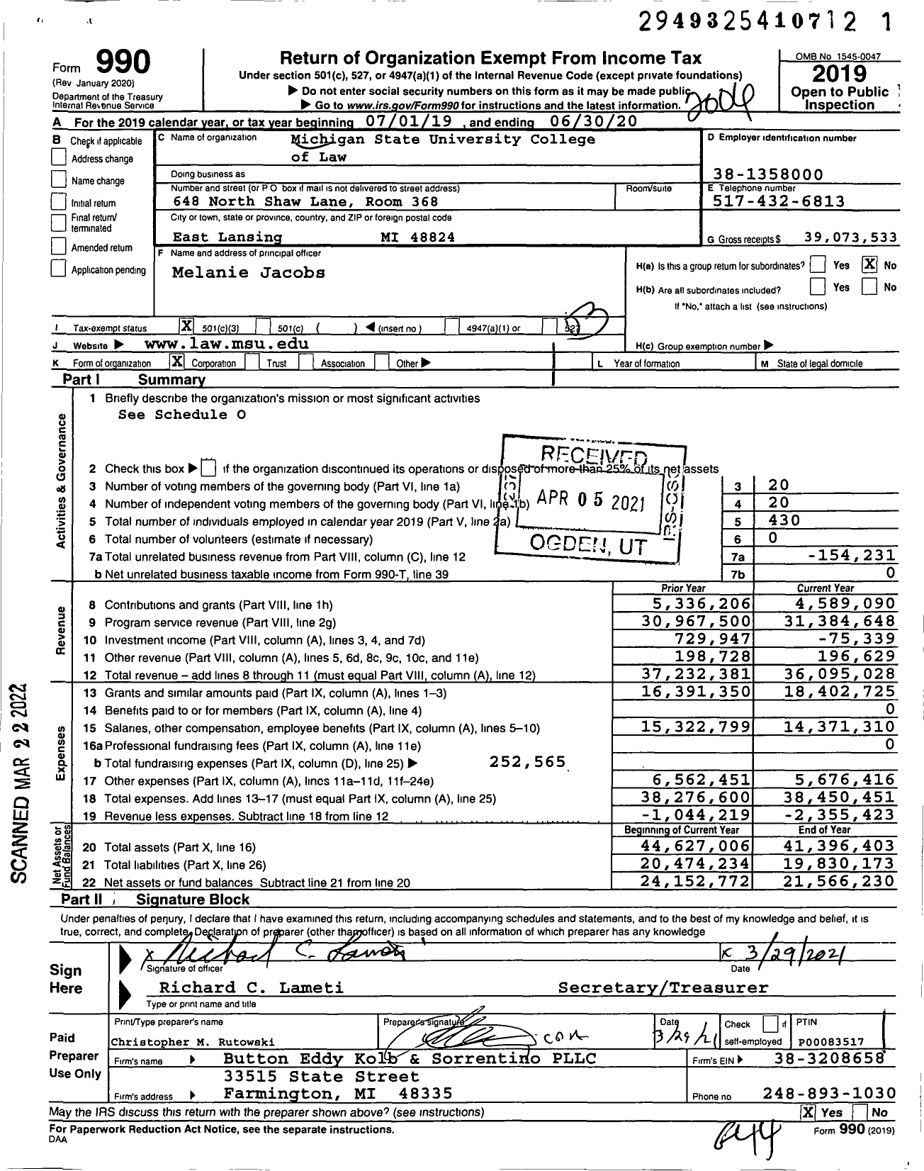 Image of first page of 2019 Form 990 for Michigan State University College of Law