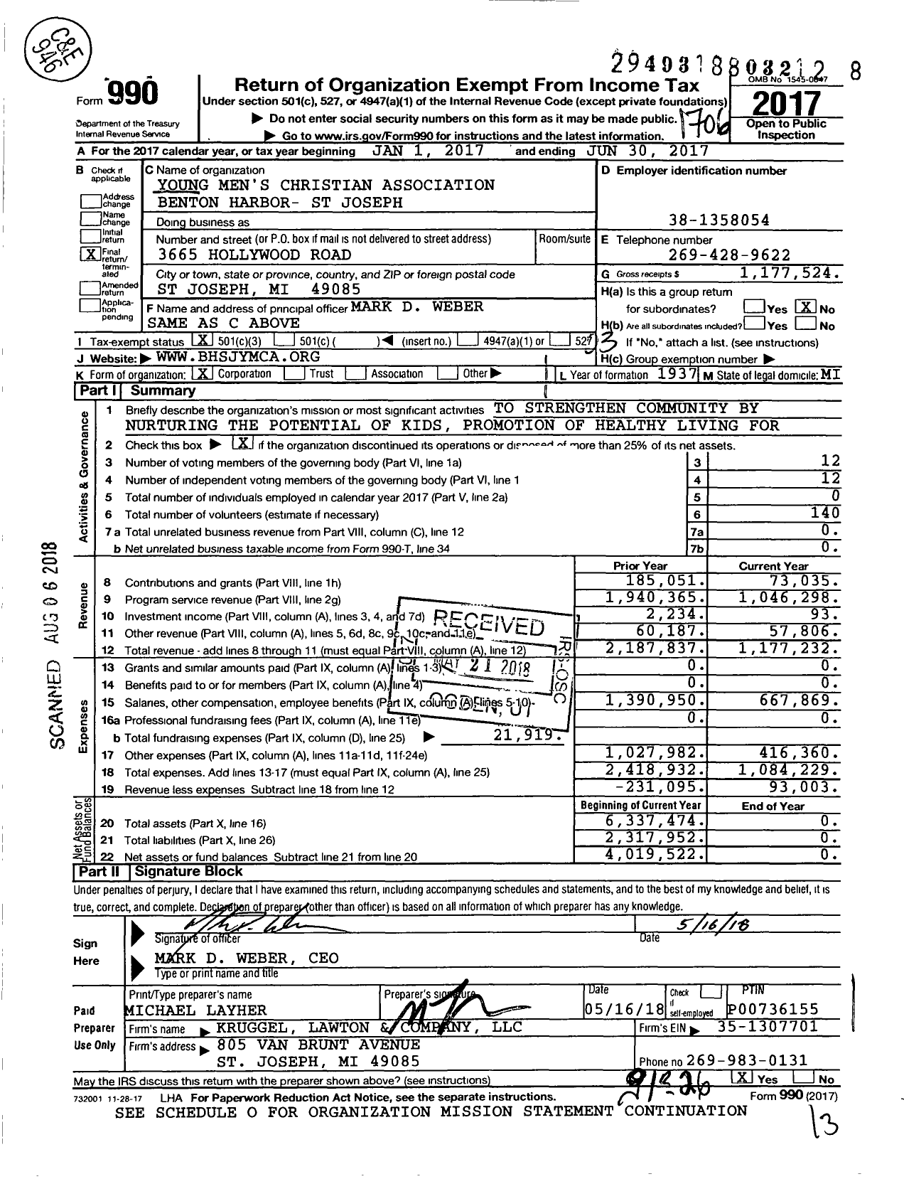 Image of first page of 2016 Form 990 for Young Men's Christian Association Benton Harbor- St Joseph