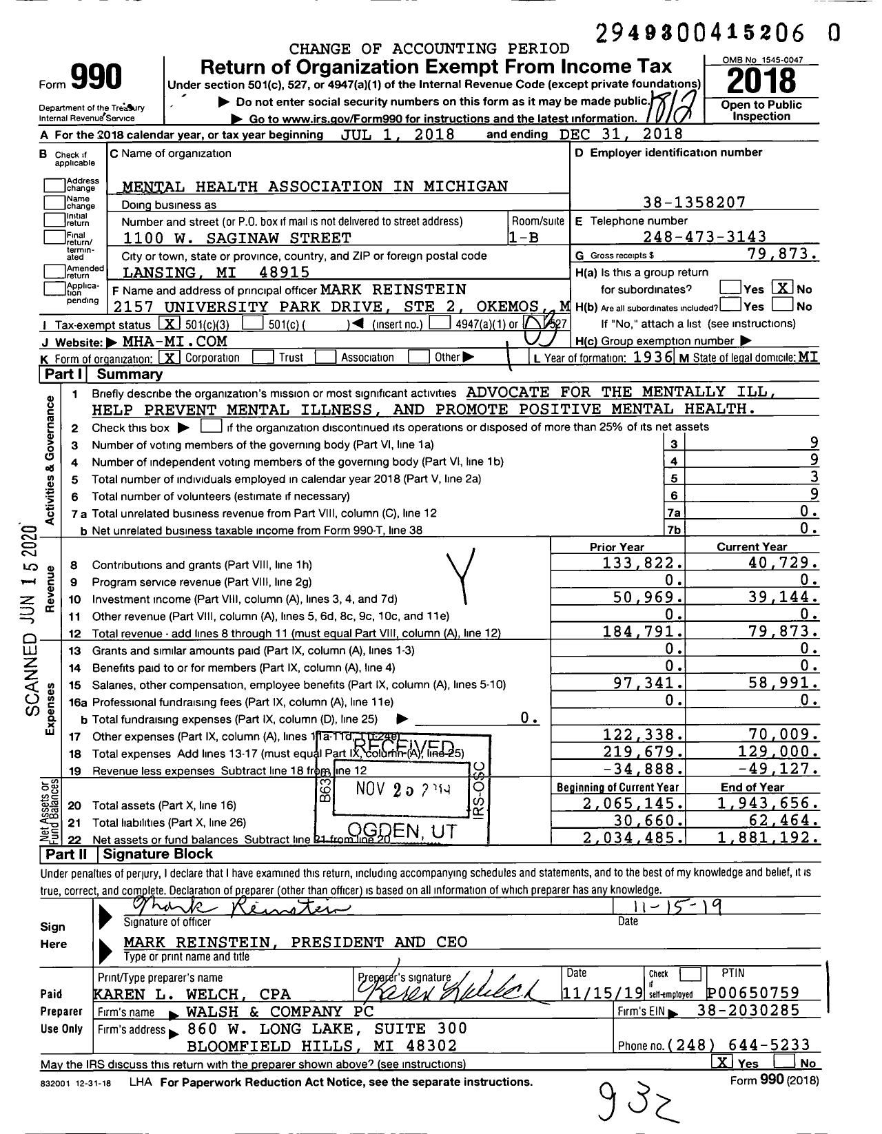 Image of first page of 2018 Form 990 for Mental Health Association in Michigan