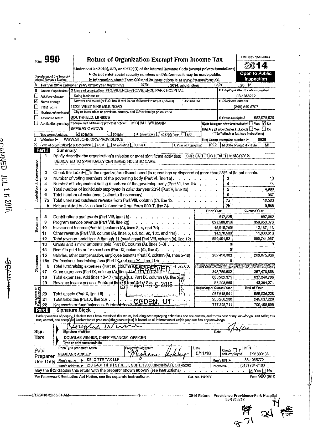 Image of first page of 2014 Form 990 for Ascension Providence Hospital (PPPH)