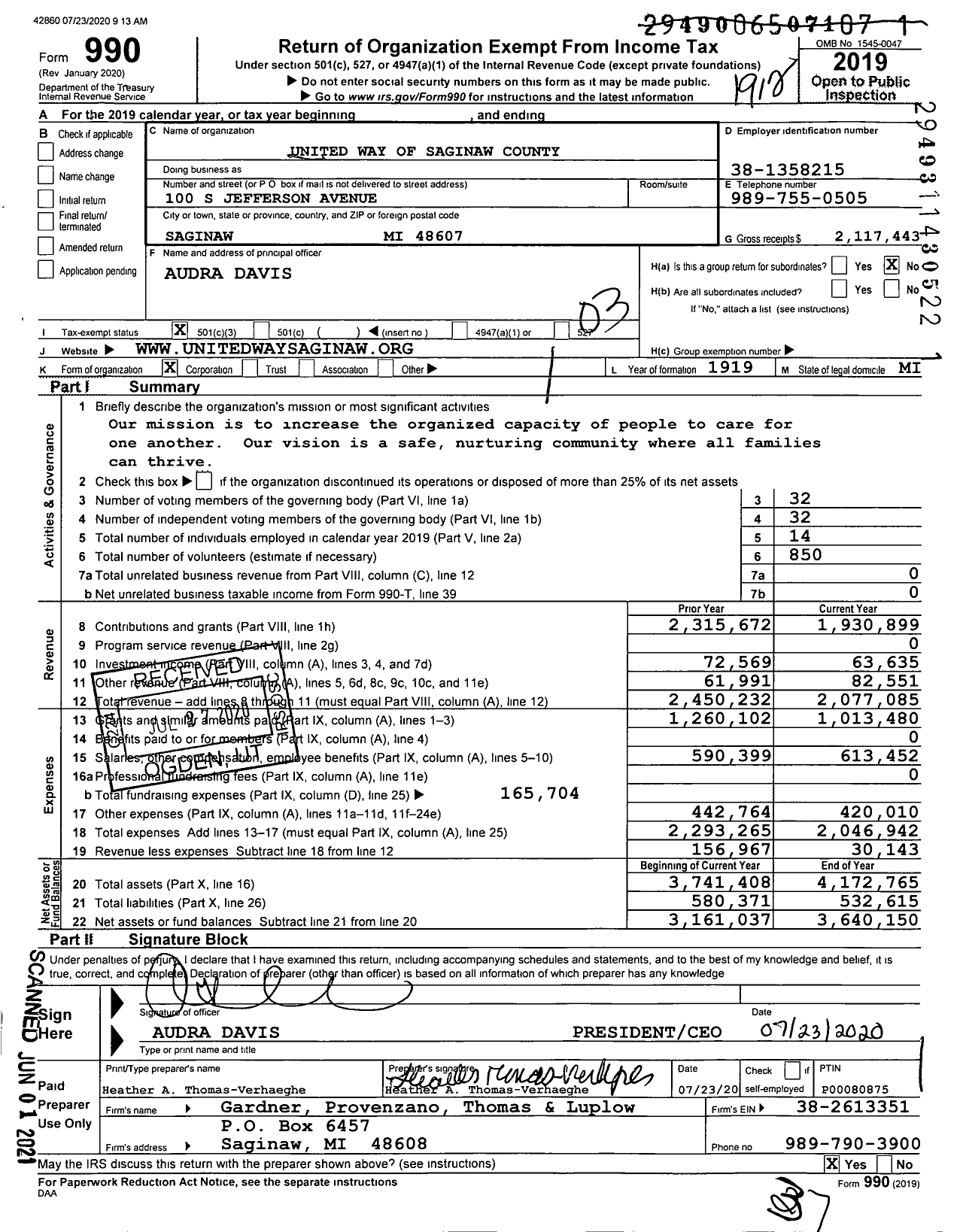 Image of first page of 2019 Form 990 for United Way of Saginaw County