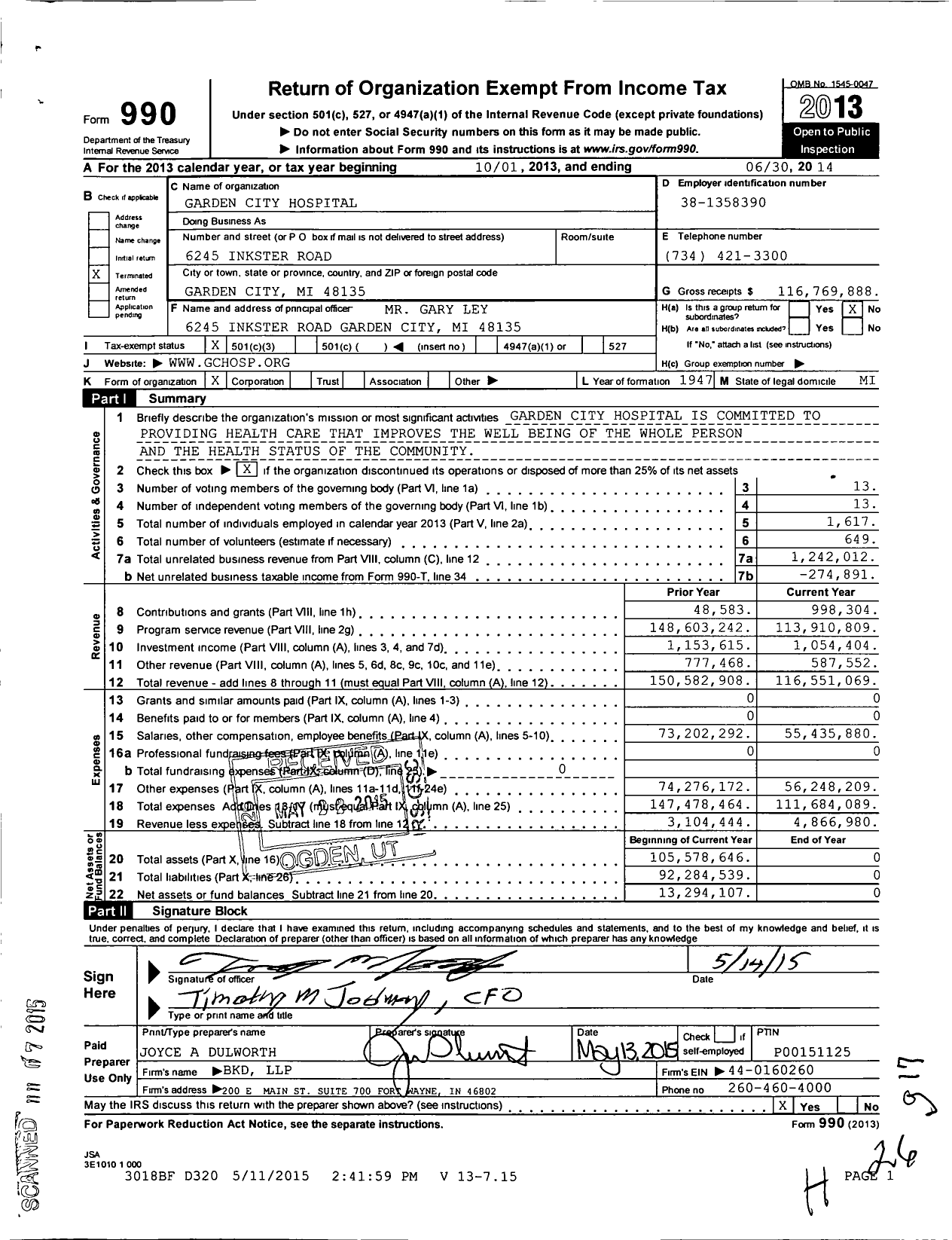 Image of first page of 2013 Form 990 for Garden City Hospital (GCH)