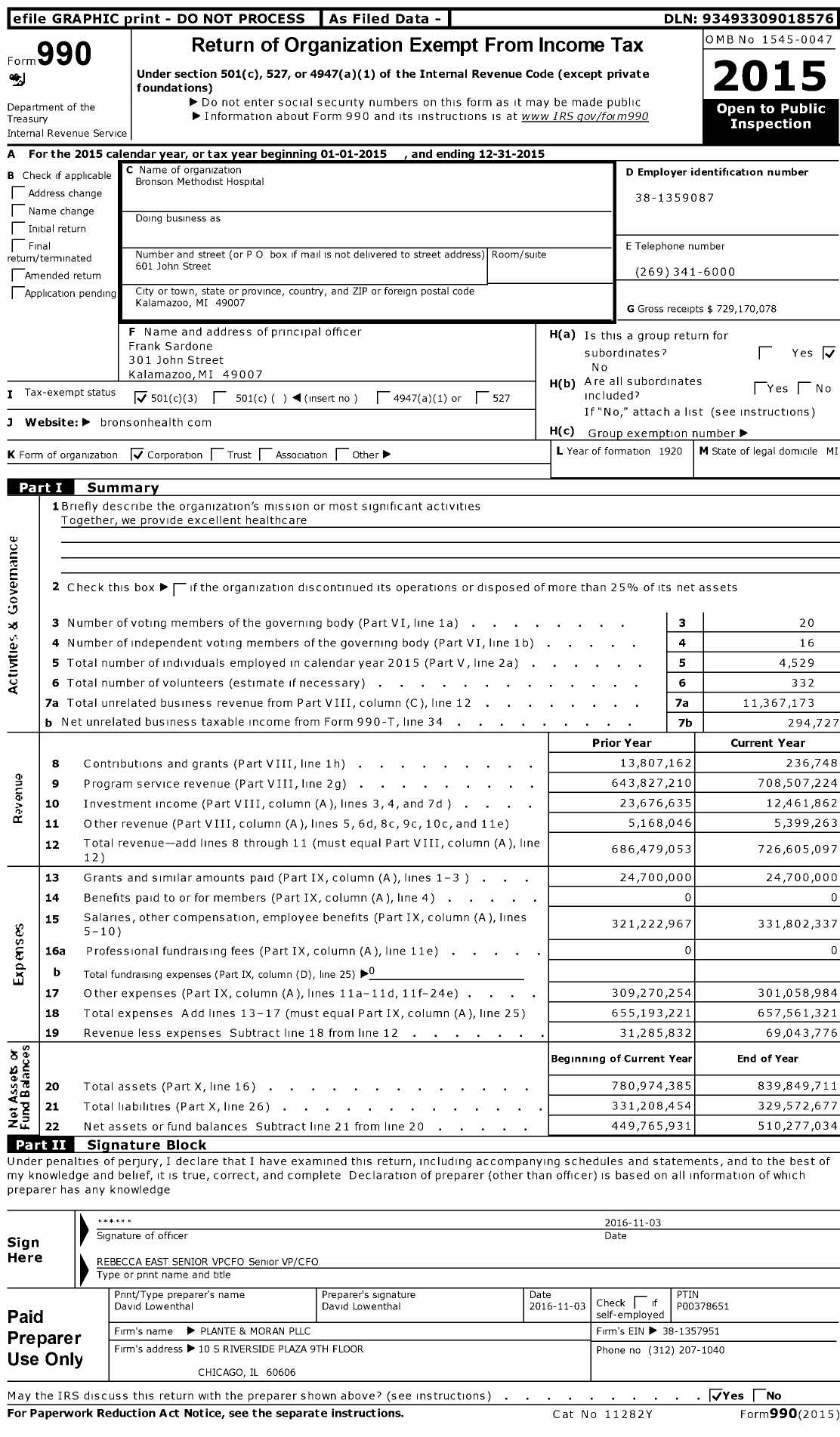 Image of first page of 2015 Form 990 for Bronson Methodist Hospital