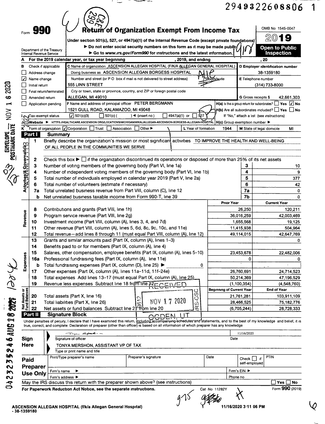 Image of first page of 2019 Form 990 for Ascension Borgess Allegan Hospital (AGH)