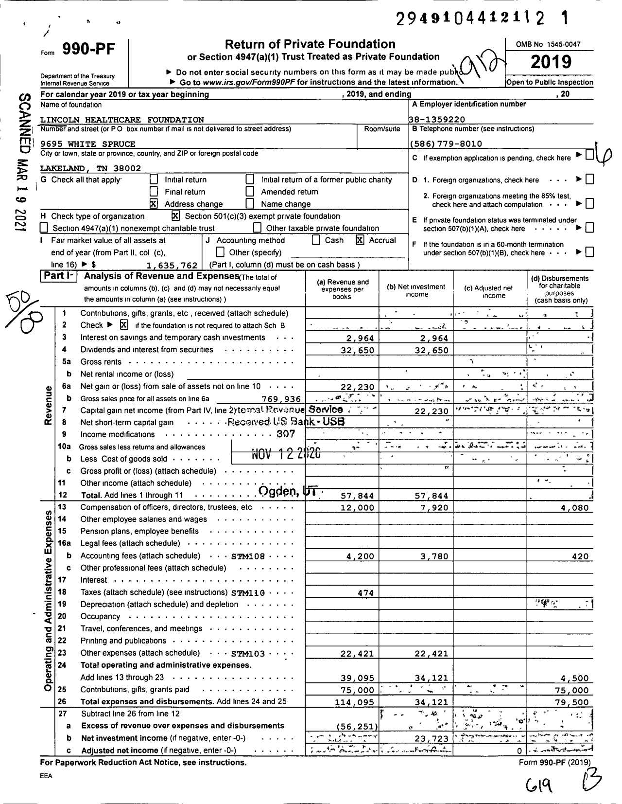 Image of first page of 2019 Form 990PF for Lincoln Healthcare Foundation