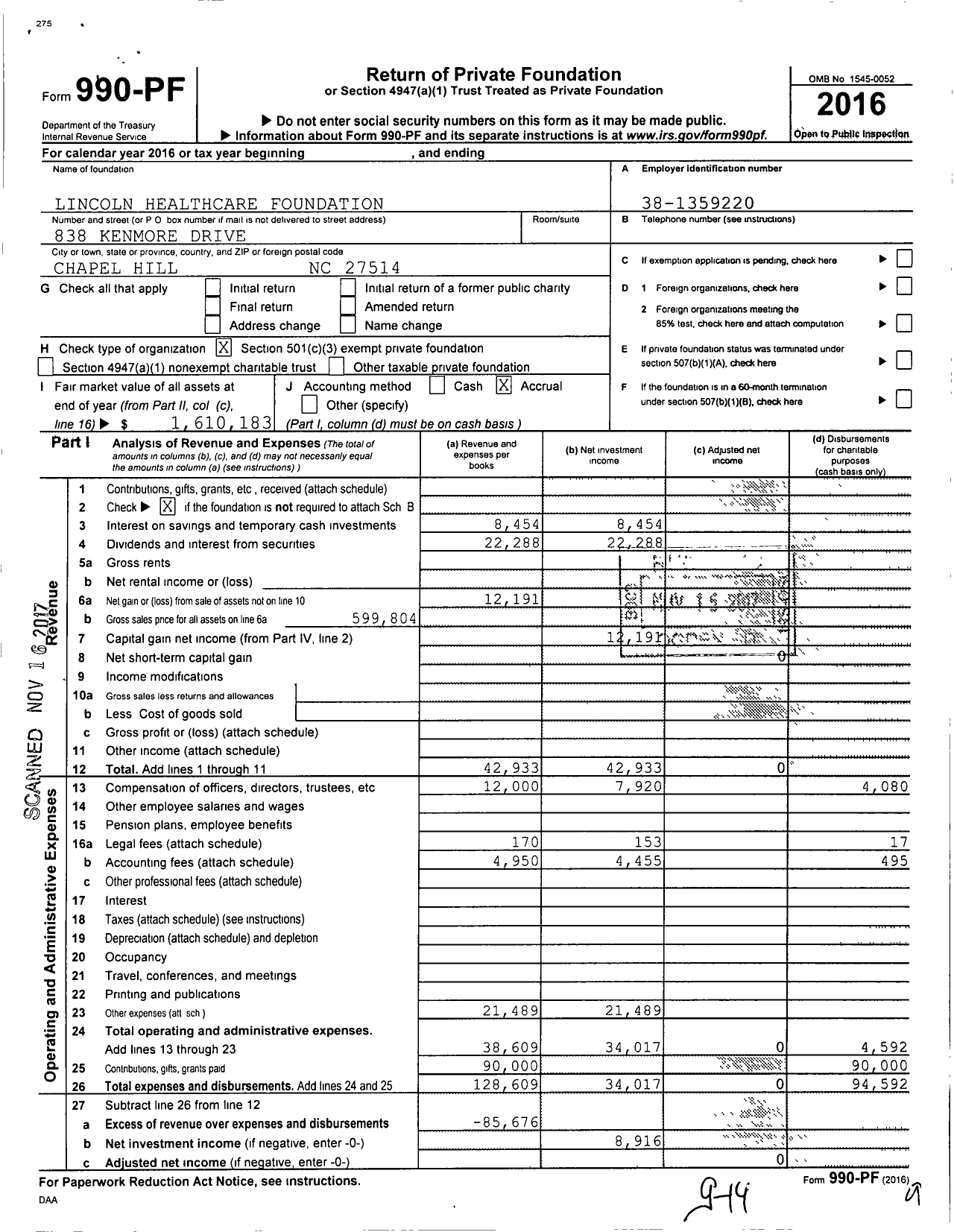 Image of first page of 2016 Form 990PF for Lincoln Healthcare Foundation