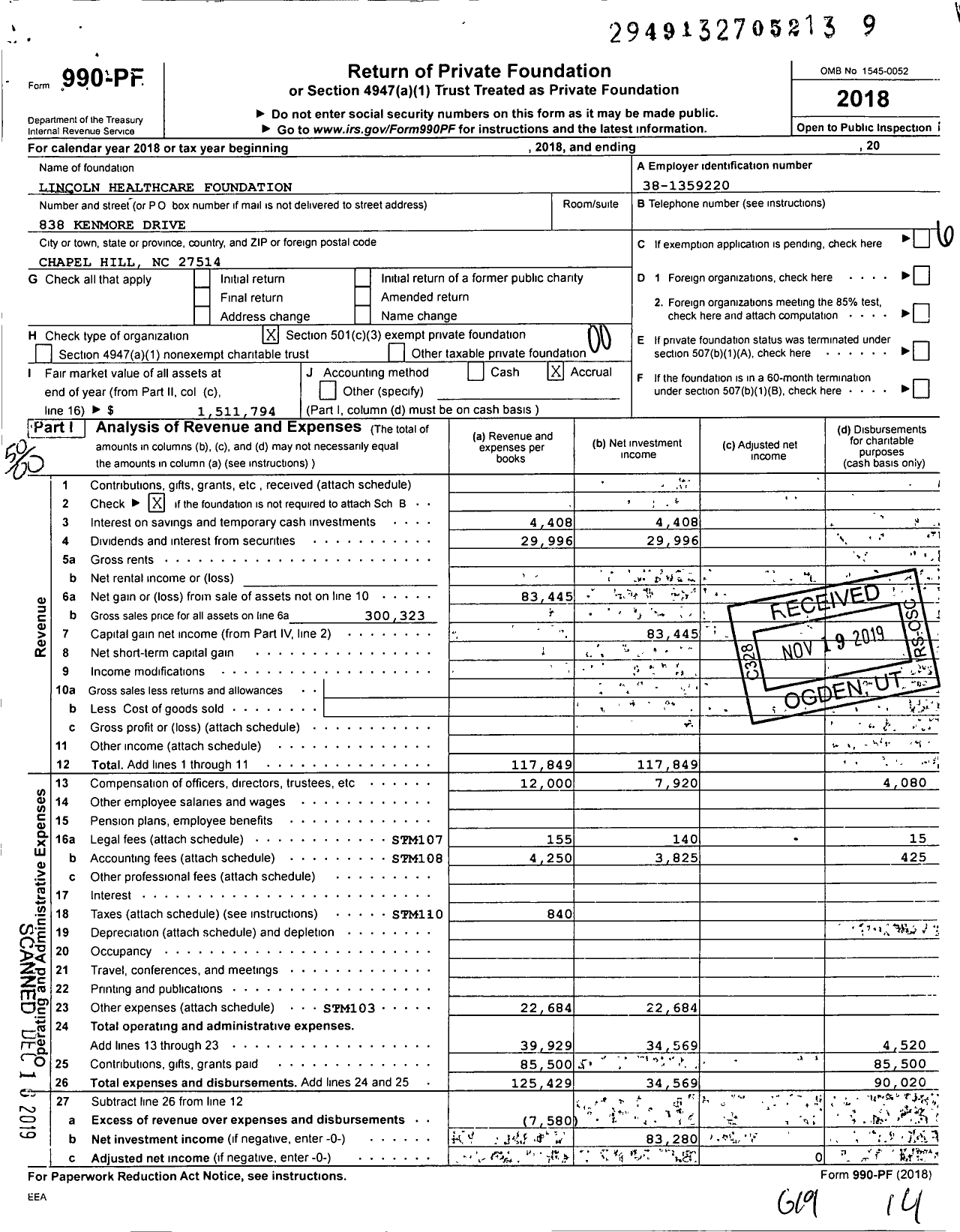 Image of first page of 2018 Form 990PF for Lincoln Healthcare Foundation