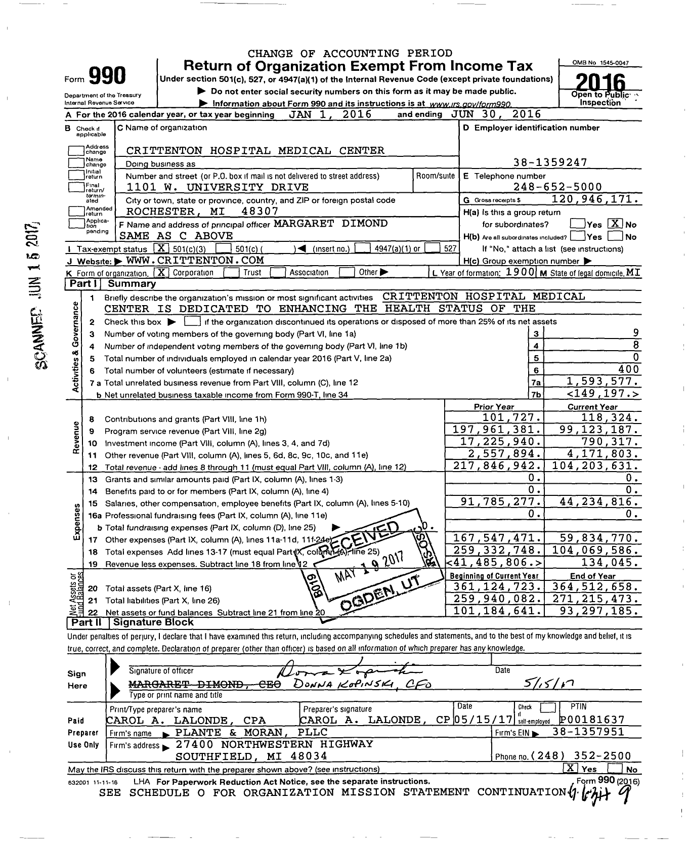 Image of first page of 2015 Form 990 for Ascension Providence Rochester Hospital