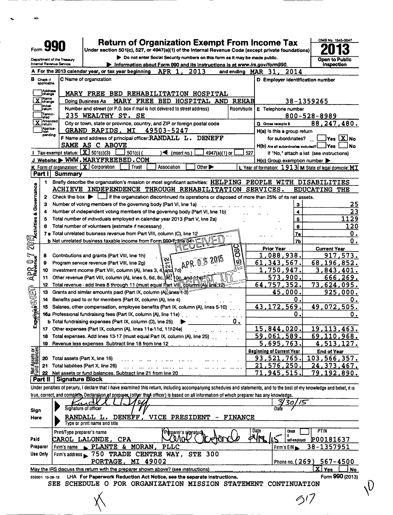 Image of first page of 2013 Form 990 for Mary Free Bed Hospital and Rehabilitation Center