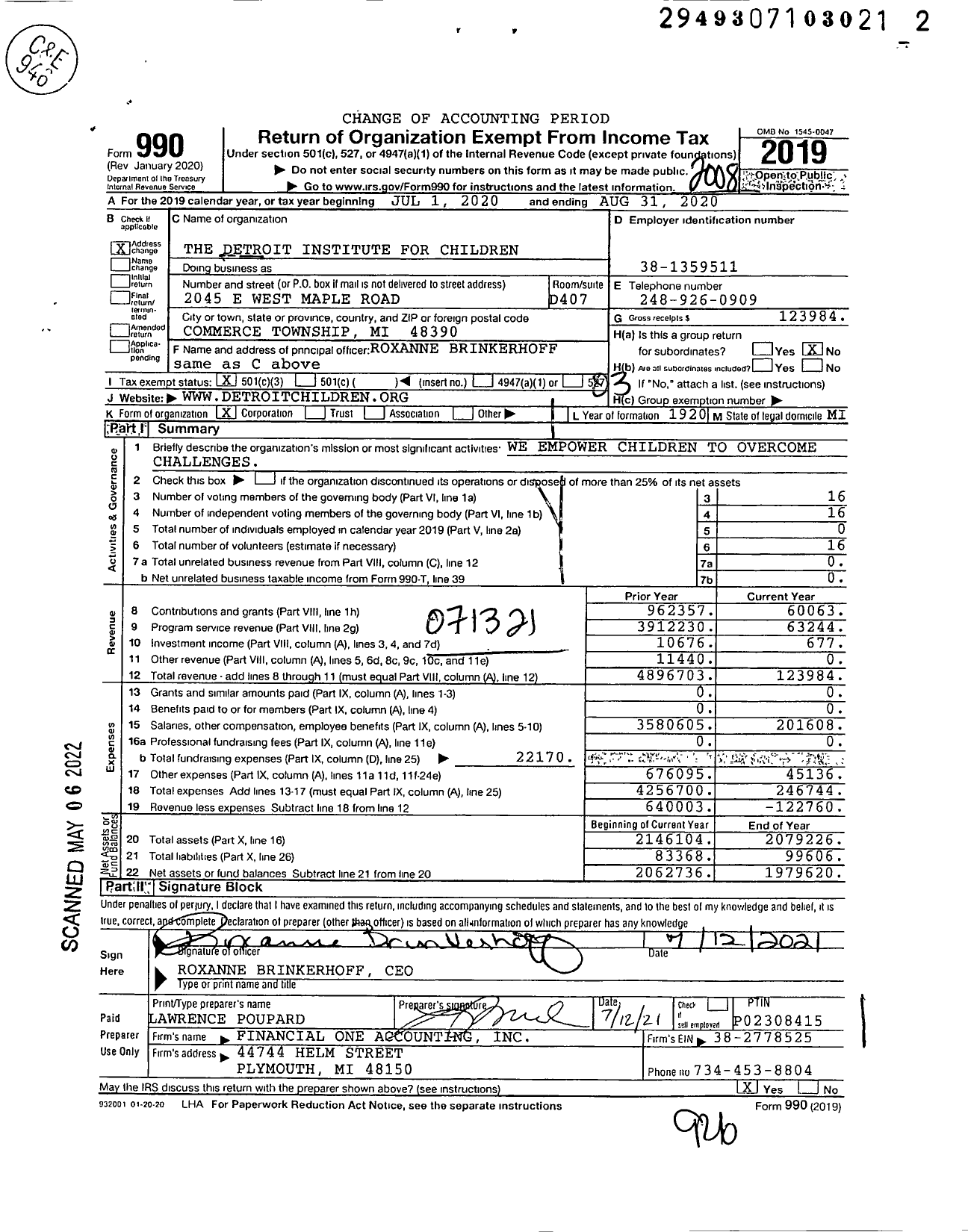 Image of first page of 2019 Form 990 for The Detroit Institute for Children