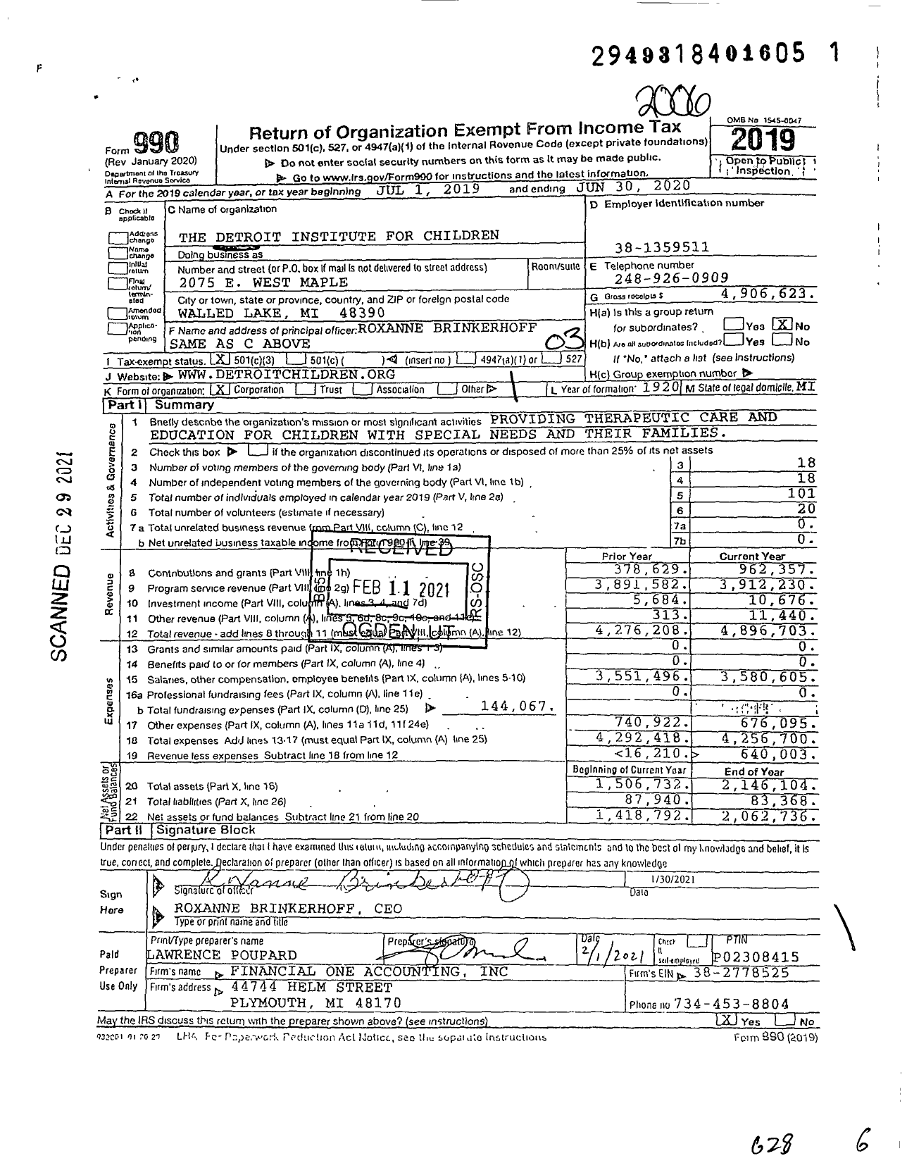 Image of first page of 2019 Form 990 for The Detroit Institute for Children