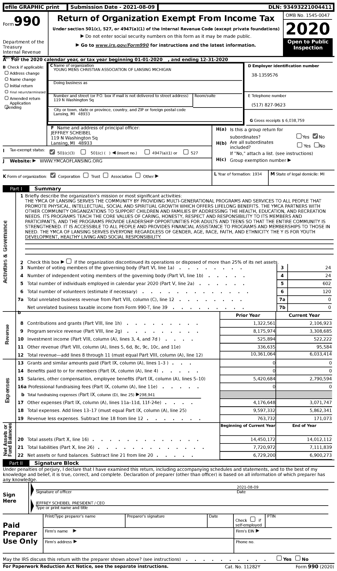 Image of first page of 2020 Form 990 for YMCA of Lansing