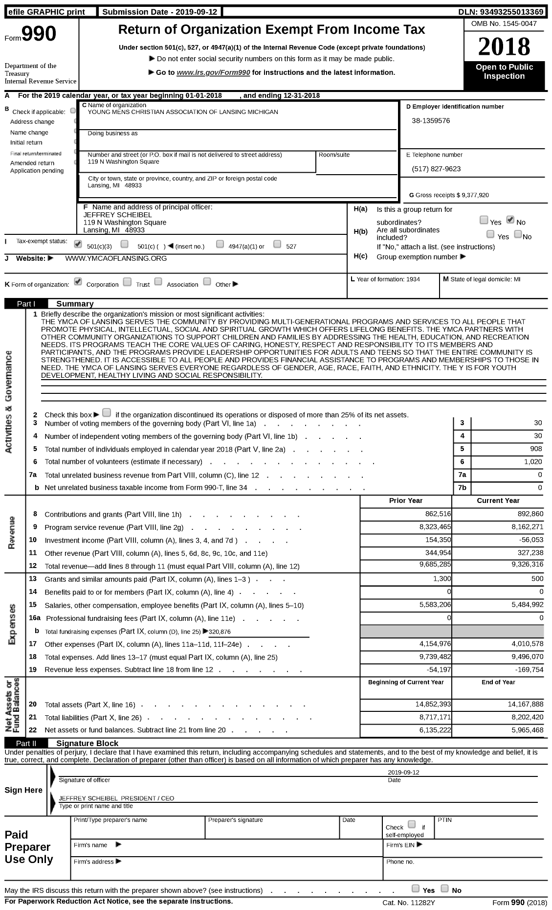 Image of first page of 2018 Form 990 for YMCA of Lansing