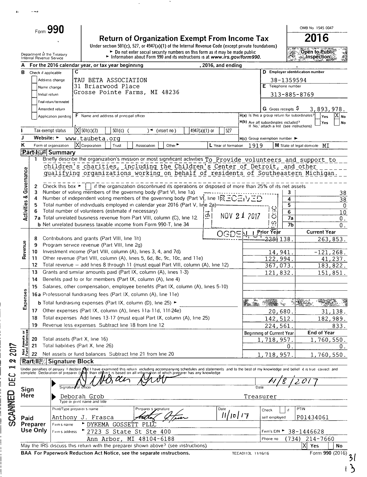 Image of first page of 2016 Form 990 for Tau Beta Association