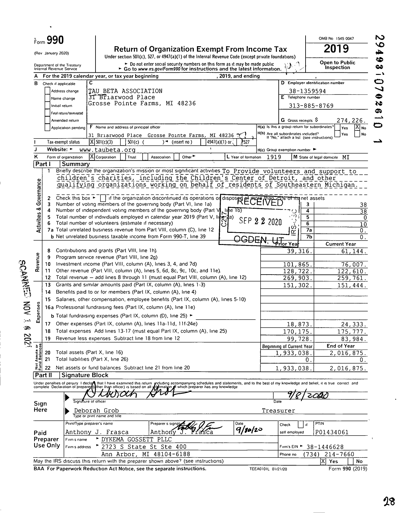 Image of first page of 2019 Form 990 for Tau Beta Association