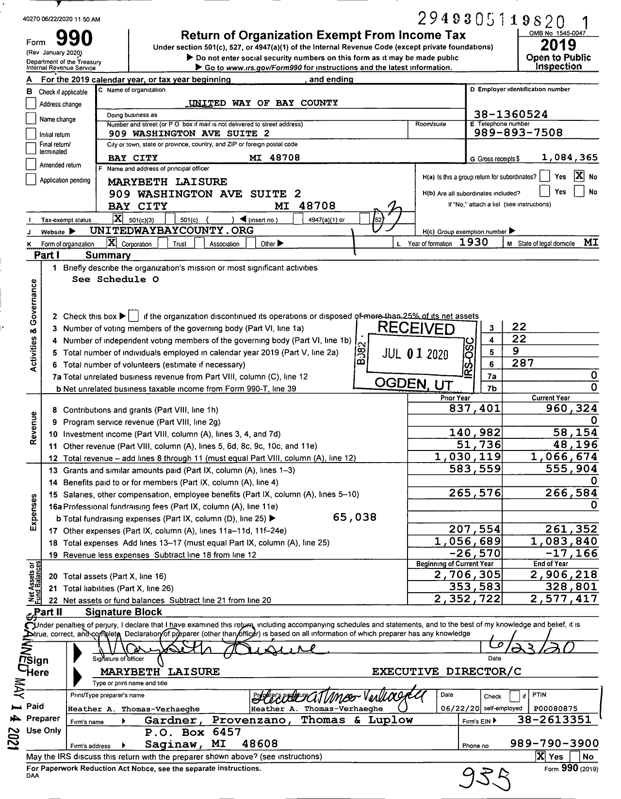 Image of first page of 2019 Form 990 for United Way of Bay County