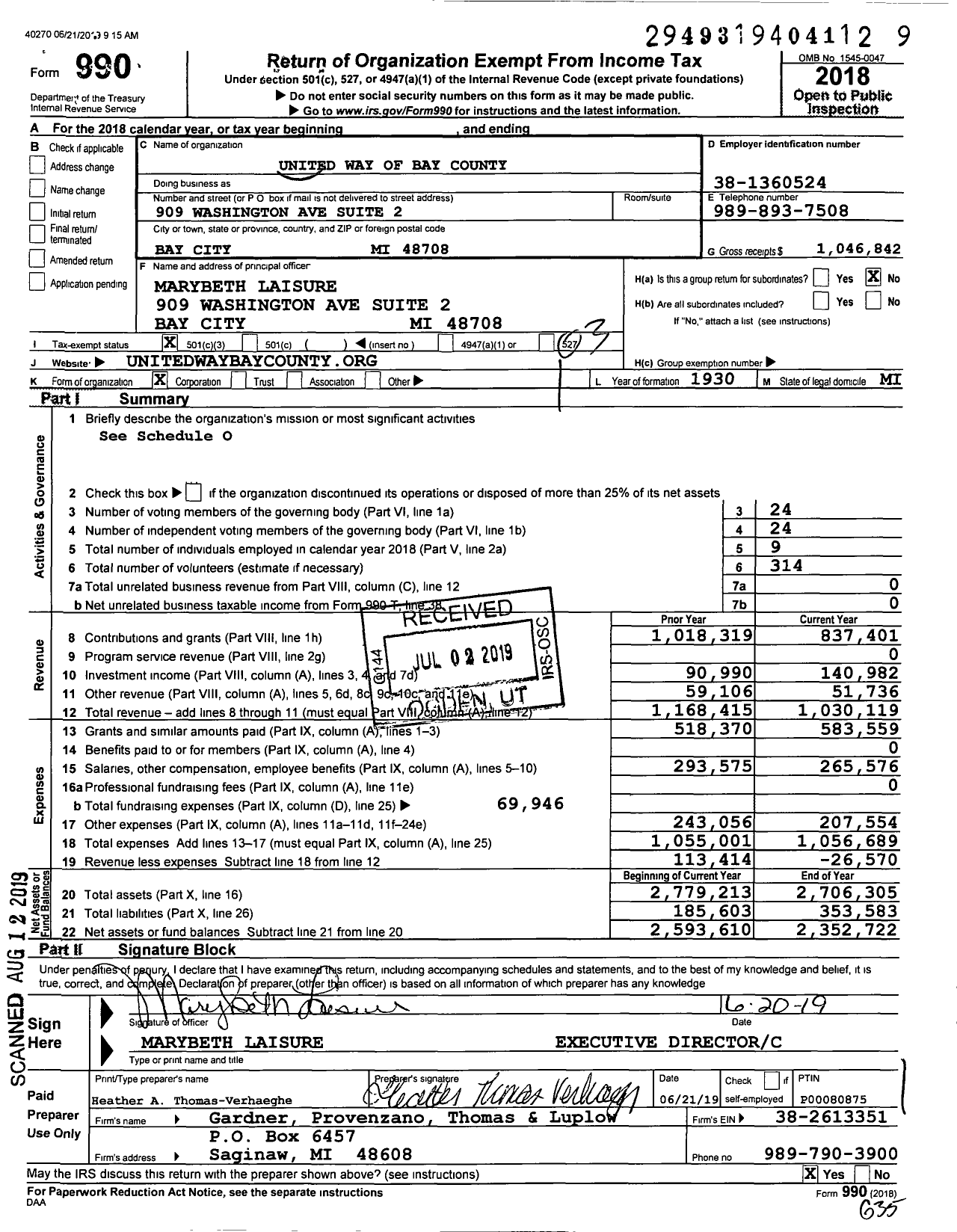 Image of first page of 2018 Form 990 for United Way of Bay County