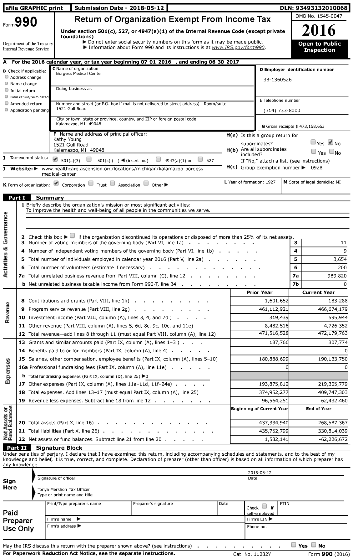 Image of first page of 2016 Form 990 for Ascension Borgess Hospital